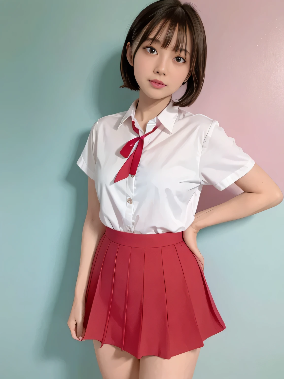 (highest quality、8k、32k、masterpiece、Hmph:1.2)、Pink wall、sexy、17 years old、Cute Japanese Women Photos、Twin tails、thin、slender、(Bobcut)、(Small Tits)、double eyelid、 Red open front shirt、Navy blue tie、Red mini skirt、Thighs、Blue Wall、whole body、smile、sexy、Thighs are visible