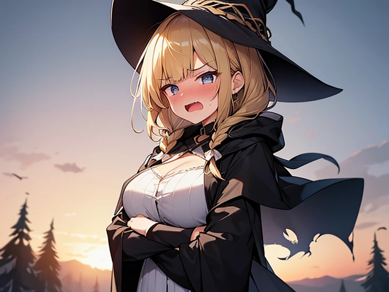 Masterpiece, Top quality, 1 beautiful girl, Blonde, medium Hair, Braided hair, wavy Hair, blunt bangs, , standard weight, (medium breasts :1.2), cleavage, (very large dark sorceress long robe with hood):1.3, pleated skirt, witch hat, (angry:1.3), nose blush, tear up, open mouth, breast hold, beautiful scene of Enchanted Forest, Clothes swaying in the wind, backlighting, from above ,sunset, torn clothes, injured