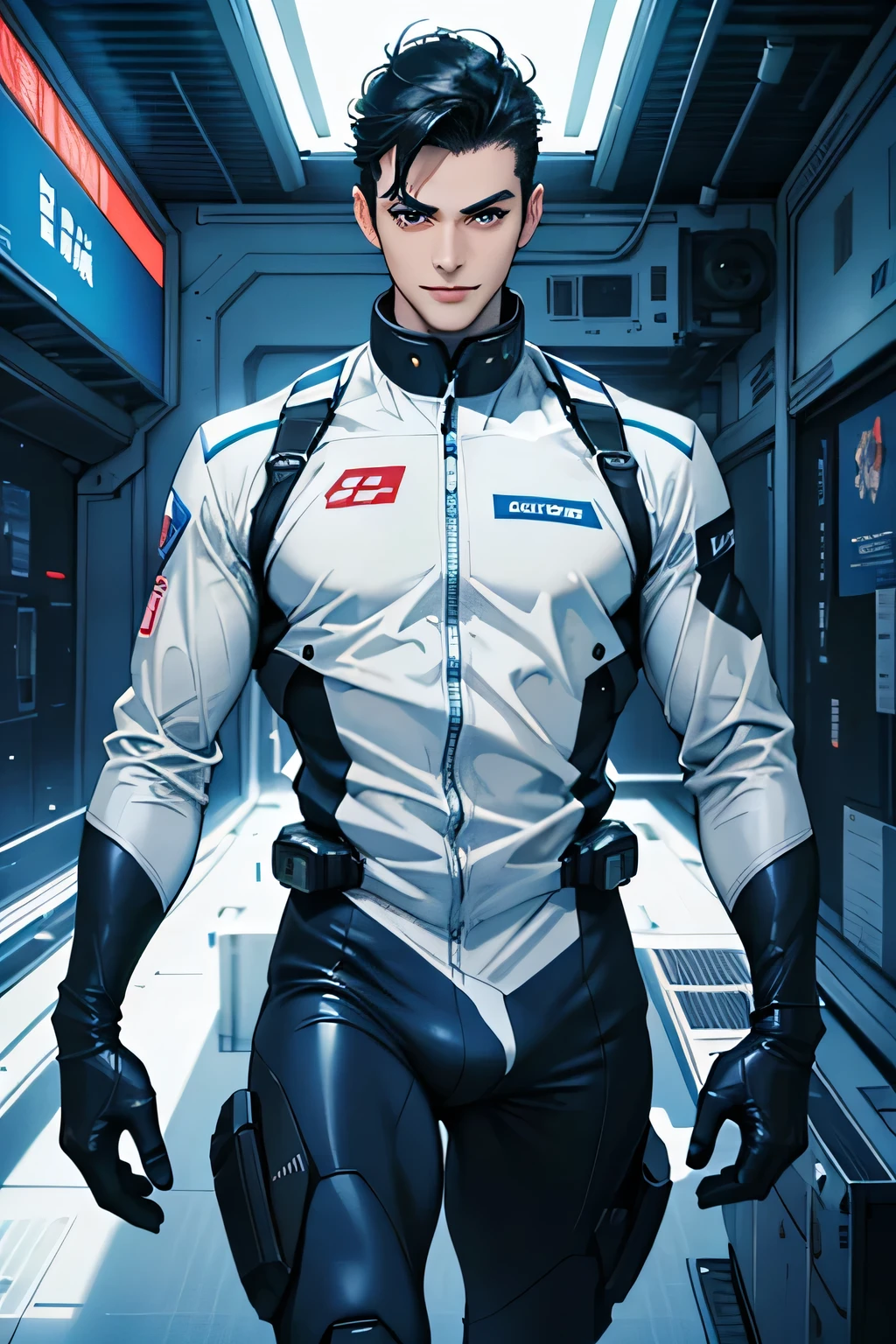 Handsome Men Black hair, shaved, Japanese, 22 years old Science fiction Run at full speed Short Hair Looking at the camera while running in white gloves A tight white and blue rubber suit Futuristic super tight rubber suit Space station interior Smiling at the camera Bulge Mega Bulge Run at full speed Sci-fi movie posters SF Movie Poster
