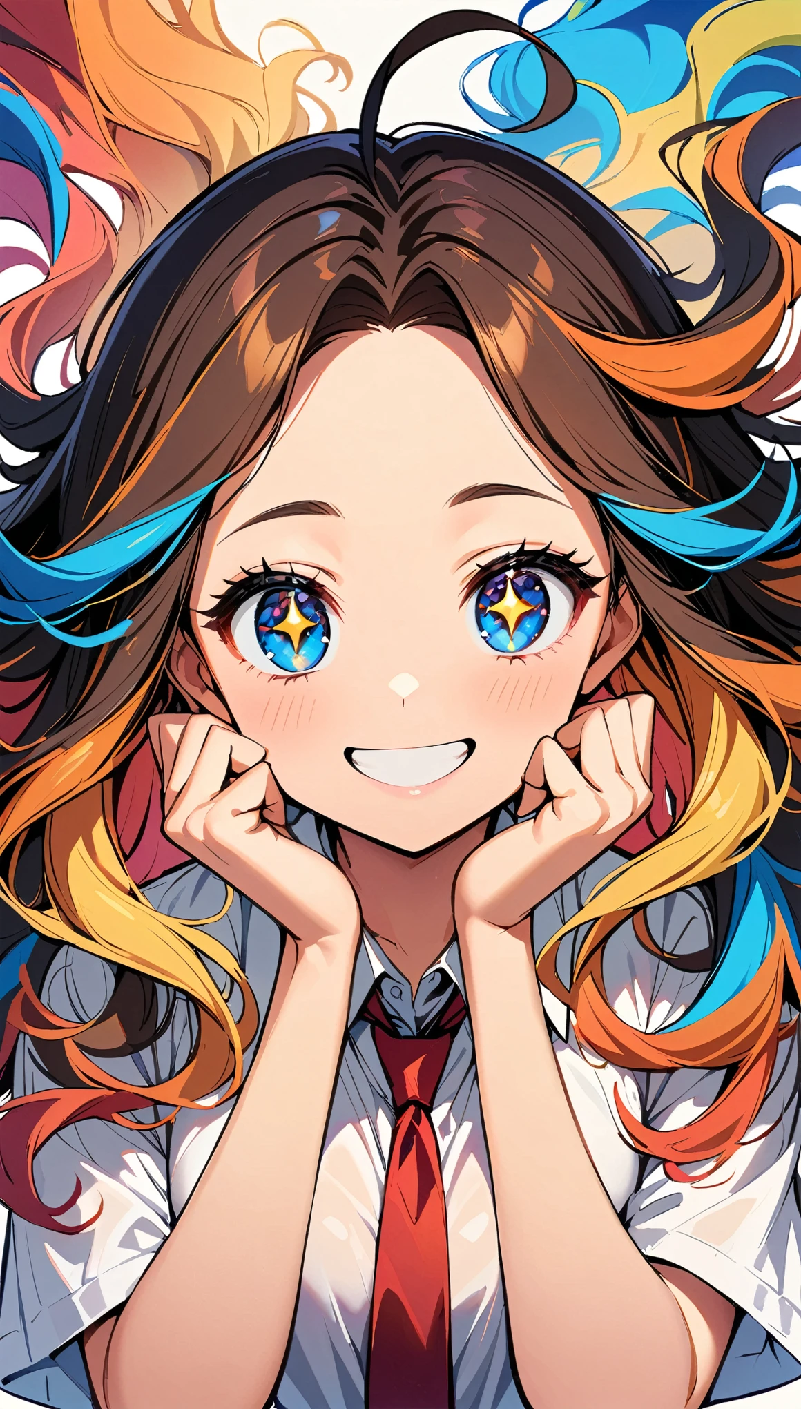 1 female, Beautiful girl smiling, Sparkling Eyes, Detailed face, Long eyelashes, Double eyelids, Put your hands on your cheeks, (Correct finger, Five fingers, Anatomically correct), Brown Hair, Wavy Hair, Ahoge, Colorful hair colors, Face Up Shot, shirt, Red tie, ,