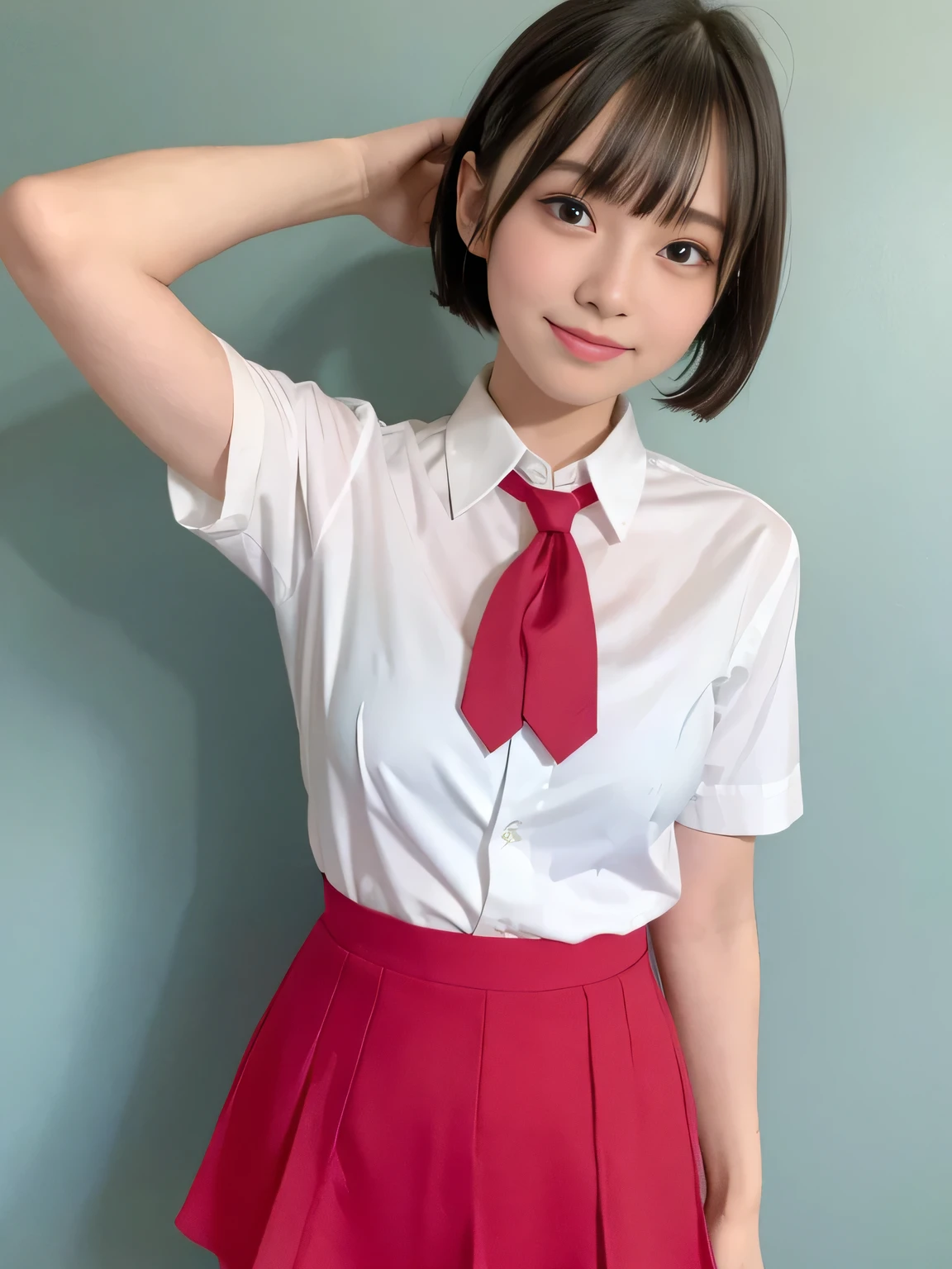 (highest quality、8k、32k、masterpiece、Hmph:1.2)、Pink wall、sexy、17 years old、Cute Japanese Women Photos、Twin tails、thin、slender、(Bobcut)、(Small Tits)、double eyelid、 Red open front shirt、Navy blue tie、Red mini skirt、Thighs、Blue Wall、whole body、smile、sexy、Thighs are visible