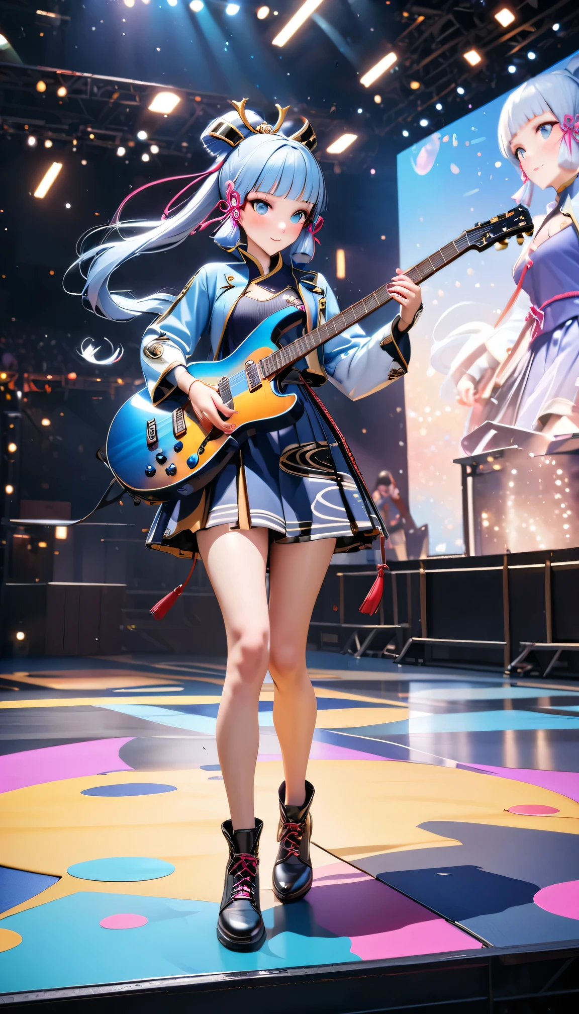 masterpiece), (best quality), (Super detailed),(lifelike：1.37), (An idol playing electric guitar on stage), (Face painting:0.8),Solitary,3D,whole body,Green sci-fi style Chinese clothes,permanent, Looking at the audience, (Stage Background),Beautiful blue eyes, Beautiful face, floating,(High Saturation),(Colorful splash),Colorful bubbles,(shining), Ponytail, Kamisato Ayaka, light blue hair, Bangs, Hair ring, floating flowers, Floating hair, (shining), Optimal lighting, The best shadow,