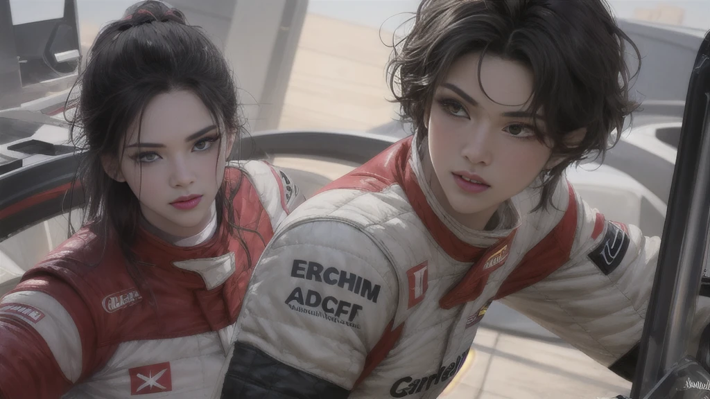 masterpiece:1.2, highest quality), Realistic, (live-action, Intricate details, Depth of written boundary), (One girl, alone), compensate, Lips parted, Very detailed, Perfect Face,Huge breasts, (Skin dents), Thick thighs, Wide Hips, Small waist, expensive, Glossy coral lips,Black Hair, Yellow Eyes,(F1 Driver Suit), sexy, Blushing