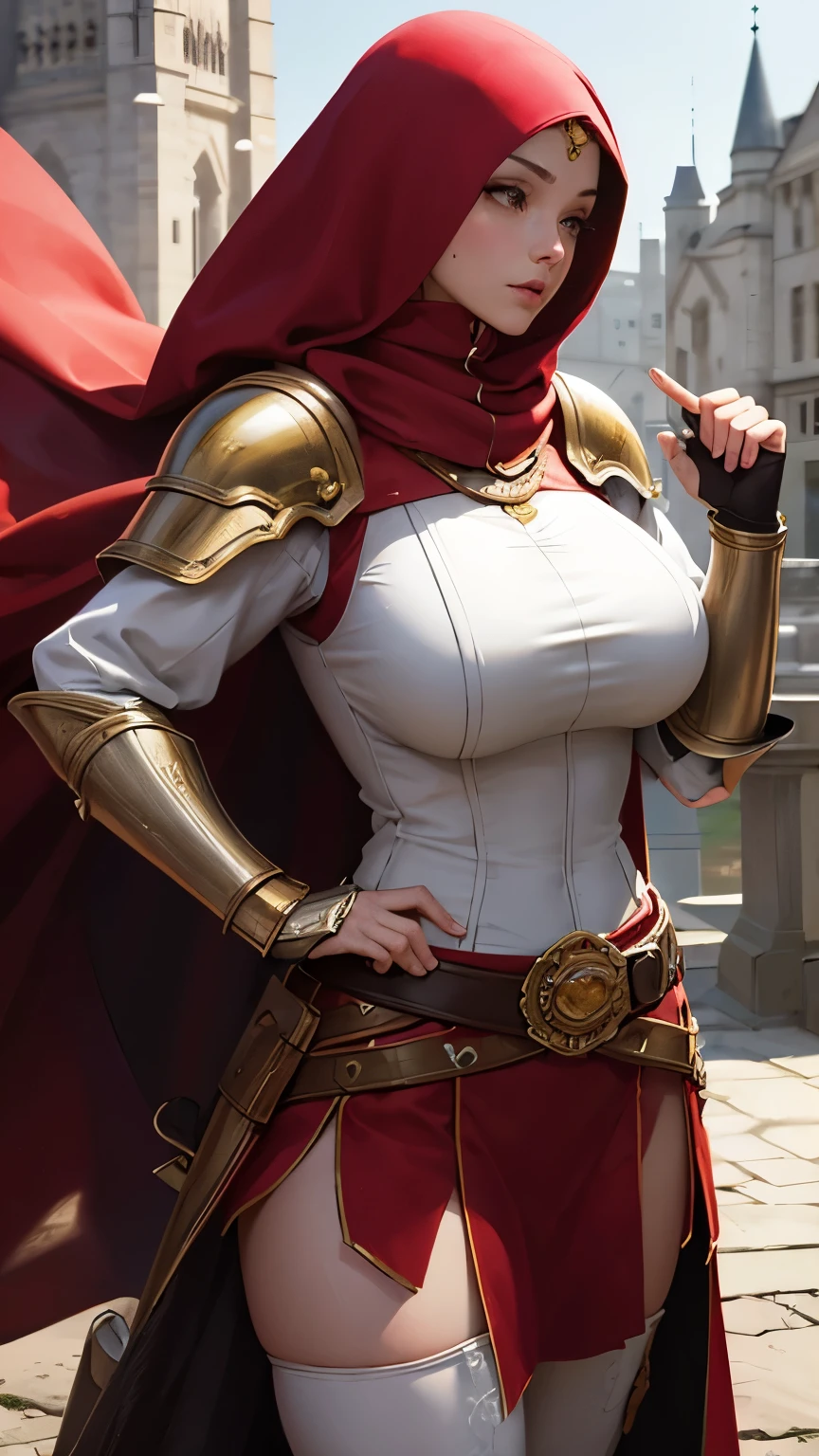 Wearing a hijab and dimples, Around 17 years old, (Plain red hijab), masterpiece,The best quality at its best,High resolution,8k,((Portraiture)),(Head close-up),Original photo,Actual photo,Digital photography,(Medieval fantasy female adventurer),(Fantasy medieval valkyrie),18-year-old girl,(Black and red hair gradation),green短发,Red Airou and white gradient short hair,green),(Huge round breasts),Lavish décor,Lips parted,Make your lips look more attractive and glamorous,((Blushing)),Arrogant contempt,calm and handsome,(Medieval Fantasy Battle Suit,joint armor,Lightweight Leather Protection,Beautiful magic badge,Medieval armor made of leather and gold,Delicate pattern,Cape),(Woman warrior),Photo pose,medieval character medieval fantasy style,Background of the ancient city,oc rendering reflection texture, Super sexy
