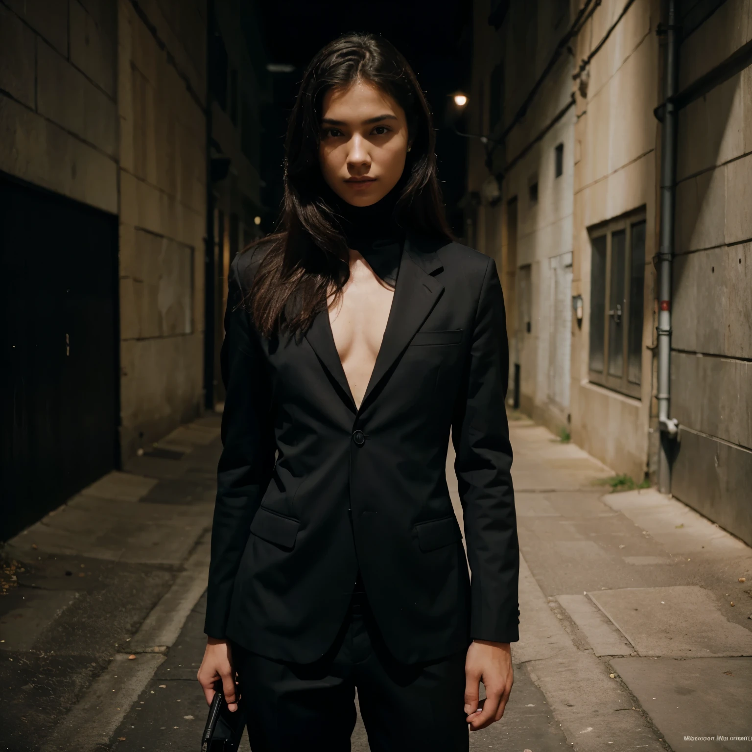 Man on black suit cover with one girl and his enemies