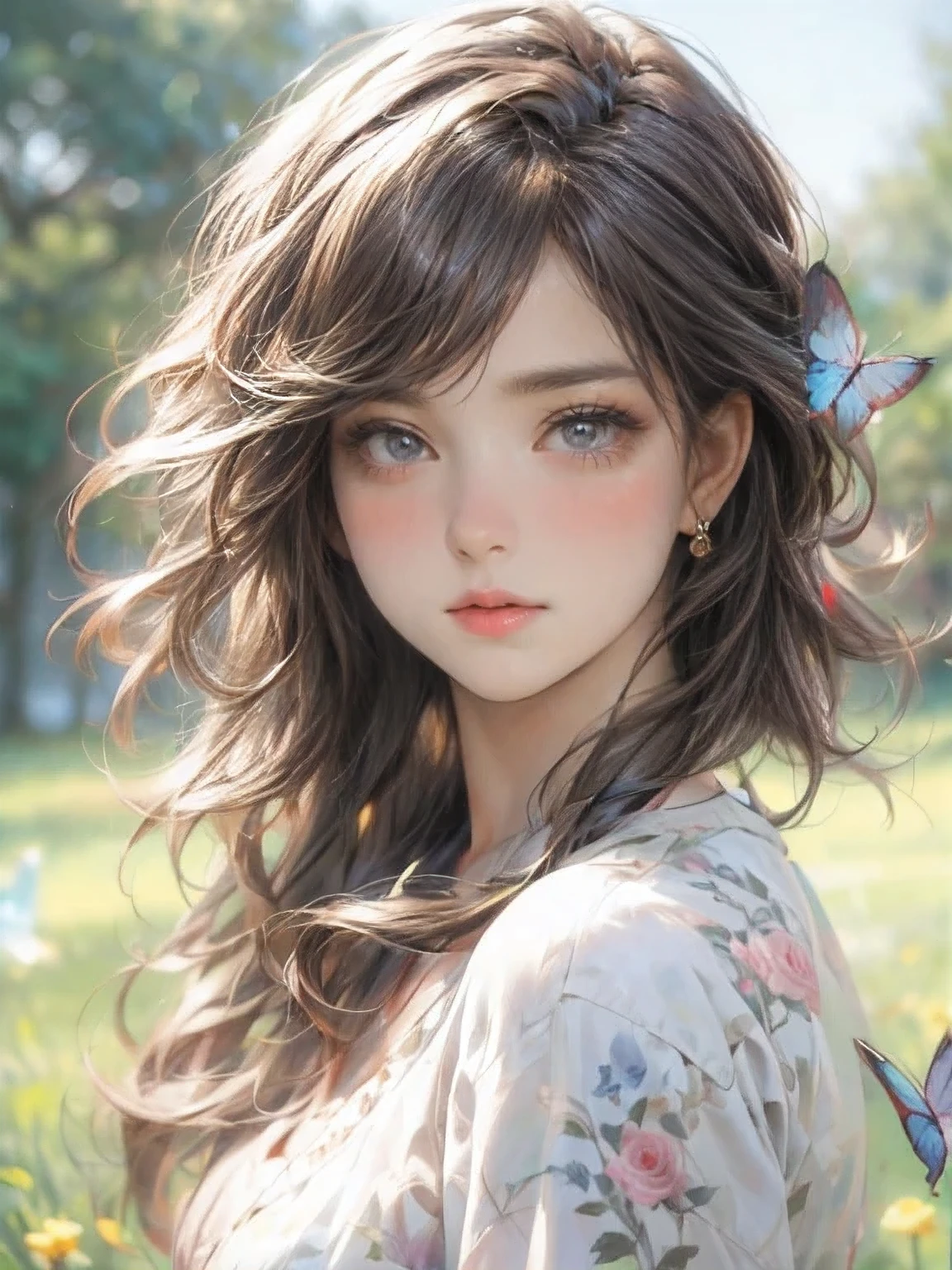 masterpiece: 1.2, highest quality, 16k, highres, ultra-realistic, photo realistic: 1.37, beautiful detailed: 1.2, cute girl, standing with dynamic posing, in campus lawn, full of flowers, a lot of butterflies, modern sauvage bob hair, beautiful and delicate (hair, face, eyebrows, long eyelash, eyes, pupils, lips), sparkling eyes, shining rosy lips,