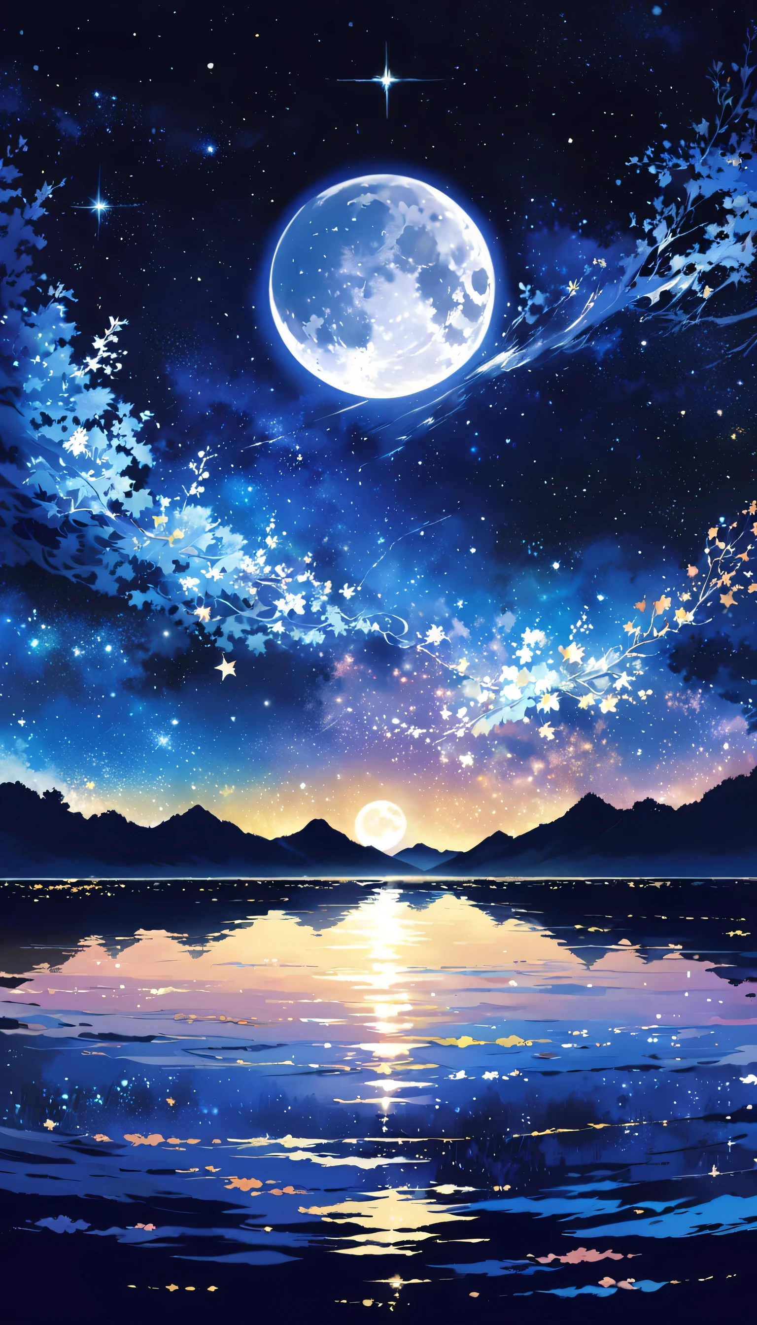 The condensed beauty of a painting depicting a river, stars and the moon in the sky,, highest quality, Fantasy art, Beautiful anime scene, Bright moon ring, Starry Sky Dream Picture, Anime Background art, Dreamscape Painting, Great night, Anime Background, Background artwork, Great art, Atmospheric anime, Starry Sky, Detail enhancement.  