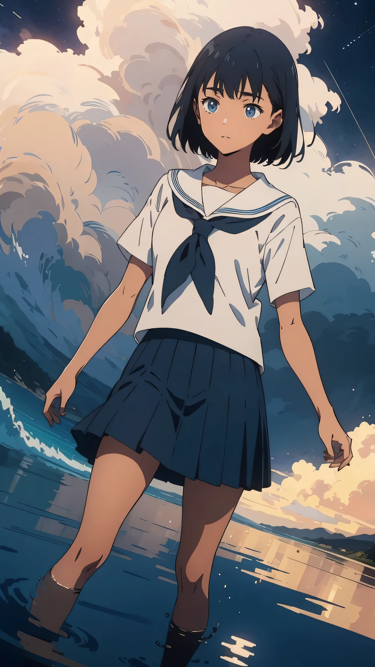 {{kofune mio}}, {summertime render}, blue eyes, black short hair, ************, medium breasts, tan, , white serafuku, short sleeves, black neckerchief, white sailor collar black pleated skirt,1girl, solo,very aesthetic, best quality, amazing quality, ,curated, illustration, highly detailed, anime coloring,Night sea background, BREAK,Golden Hour, (Rim Light):1.2, Warm tones, Solar flare, Soft Shadows, Vibrant colors, Painterly effect, Dream-like atmosphere BREAK Beautiful sea, Calm water, reflection, Clouds illuminated by the moon, Peaceful atmosphere, Beautiful starry sky, Super detailed, Official Art, unity 8k wallpaper , Tangled, Mandala