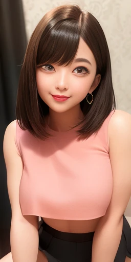 One girl, Lips parted, blush, compensate, A light smile, Black Hair, Red eyes, Crop top, skirt, light, Shine, Thighs, clavicle, Tight waist, (masterpiece), wallpaper,