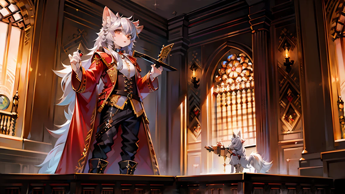 highest quality, Highest Resolution, masterpiece, Very detailed, Young shaggy dog　neutral　Dog muzzle　Dog Ears　Fluffy long hair　Fluffy tail　　delicate　beautiful　　Gray Hair　steampunk　Red long coat　sword　masterpiece　Ultra-high resolution　Brown 3/4 length pants　Light-colored eyes　I&#39;m playing the piano