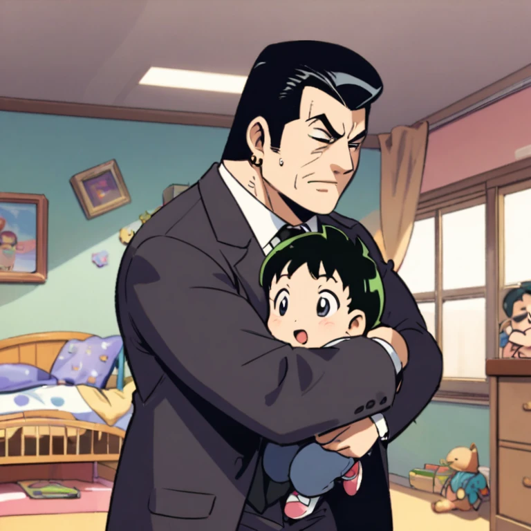 Mafia boss and his son, in the children's room, hugging, 1990 (style)
