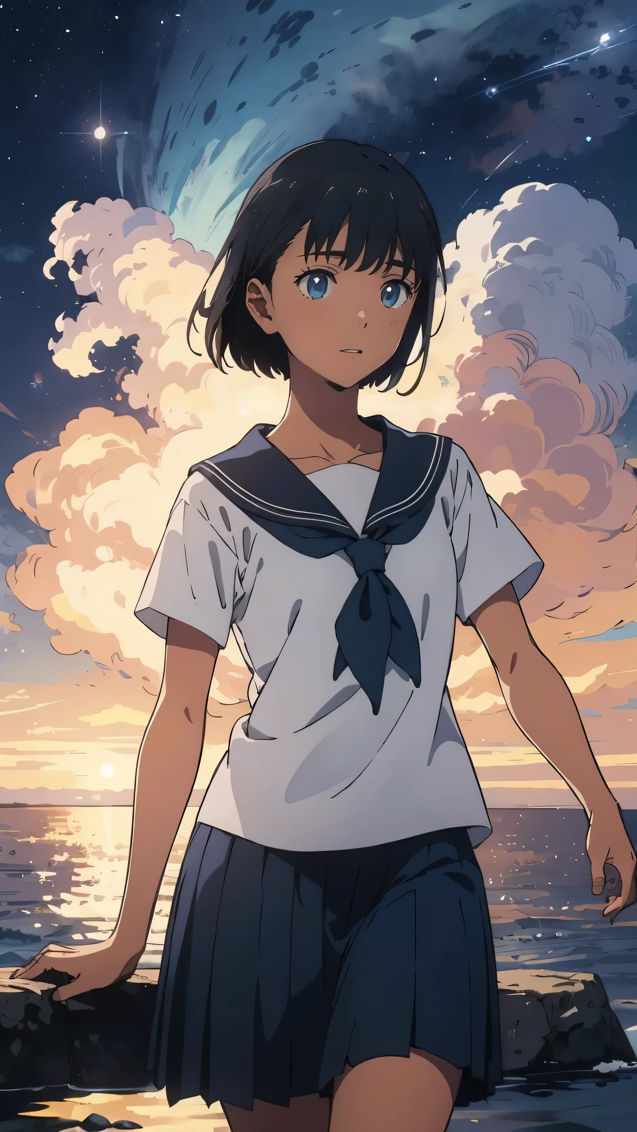 {{kofune mio}}, {summertime render}, blue eyes, black short hair, ************, medium breasts, tan, , white serafuku, short sleeves, black neckerchief, white sailor collar black pleated skirt,1girl, solo,very aesthetic, best quality, amazing quality, ,curated, illustration, highly detailed, anime coloring,Night sea background, BREAK,Golden Hour, (Rim Light):1.2, Warm tones, Solar flare, Soft Shadows, Vibrant colors, Painterly effect, Dream-like atmosphere BREAK Beautiful sea, Calm water, reflection, Clouds illuminated by the moon, Peaceful atmosphere, Beautiful starry sky, Super detailed, Official Art, unity 8k wallpaper , Tangled, Mandala