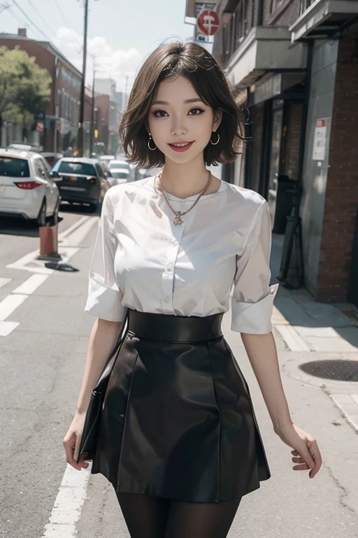 8K RAW Photos, High resolution, 37 year old slim Korean, Big round breasts, Formal Shirt, Formal Skirt, Very thin mouth, Duck mouth, Grin,, Beautiful eyes in every detail, Long-term, Three white eyes, cheek, Long eyelashes, Beautiful double eyelids, eye shadow, Beautiful slim legs, stockings, necklace, Earrings, short hair, In front of the station at night