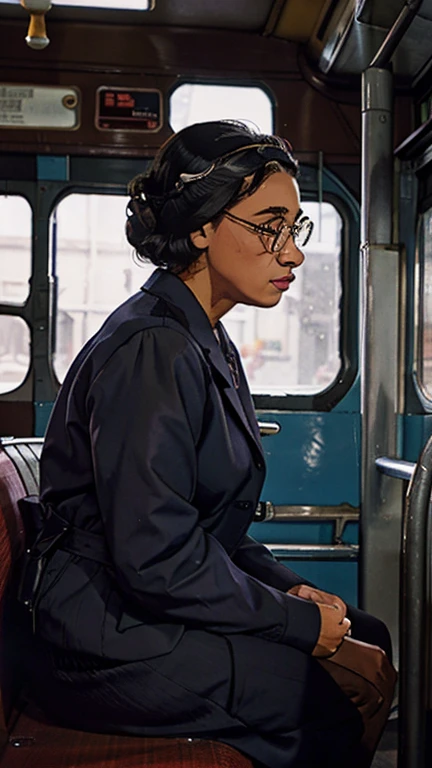 Draw side view of rosa parks sitting on bus