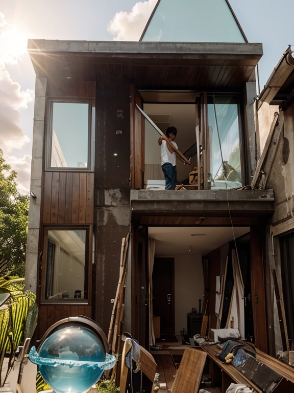 modern house, glass door, glass window, sunny, clouds, trees