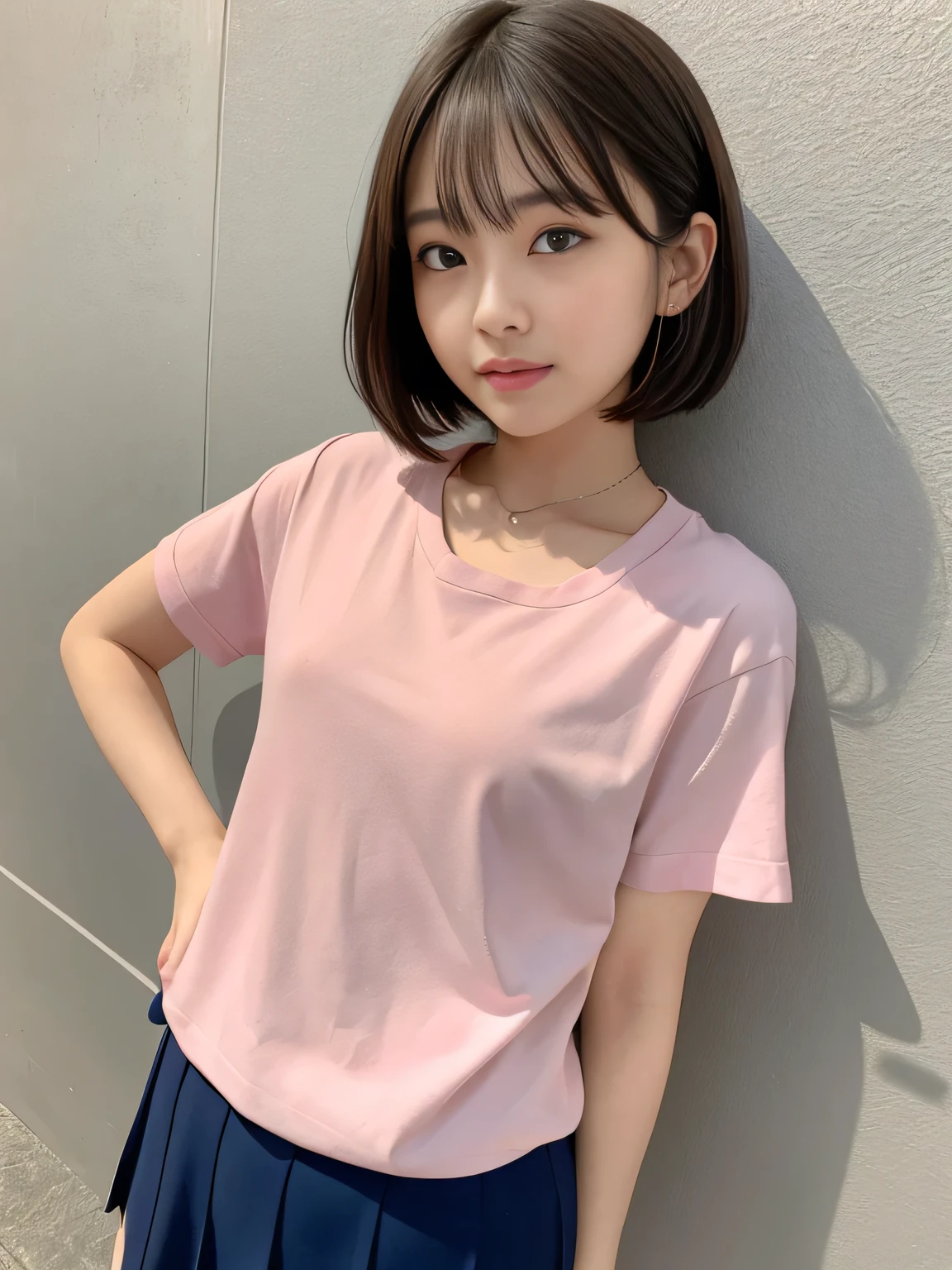 (highest quality、8k、32k、masterpiece、Hmph:1.2)、Pink wall、sexy、17 years old、Cute Japanese Women Photos、Bobcut、thin、slender、(Bobcut)、(Small Tits)、double eyelid、 Red open front shirt、Navy blue tie、Red mini skirt、Thighs、Blue Wall、whole body、smile、sexy、Thighs are visible