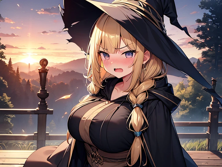 Masterpiece, Top quality, 1 beautiful girl, Blonde, medium Hair, Braided hair, wavy Hair, blunt bangs, 15 year old, standard weight, (medium breasts :1.2), topless, show off nipple, (very large dark sorceress long robe with hood :1.3), pleated skirt, witch hat, (angry:1.3), nose blush, tear up, open mouth, breast hold, beautiful scene of Enchanted Forest, Clothes swaying in the wind, backlighting, from above ,sunset, (torn clothes:1.3)