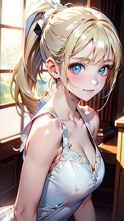 Best quality , masterpiece, Portrait、、Bright expression、ponytail、Young, shiny, white, glossy skin、Gloss Face、Shining Cheek Gloss、Small Face Beauty、The best beauty、The dazzling light of blonde hair、Bright blonde hair with dazzling highlights、Very beautiful shiny light blonde hair、super long silky straight hair、Her shiny, beautiful bangs are covering her eyes.、Sparkling, clear, attractive, bright, large, pale blue eyes、Very big eyes、eyeliner、very beautiful lovely cute 16 year old girl、young girl, Ample Bust, upper body , smile , ((((white dress , ponytail ))))