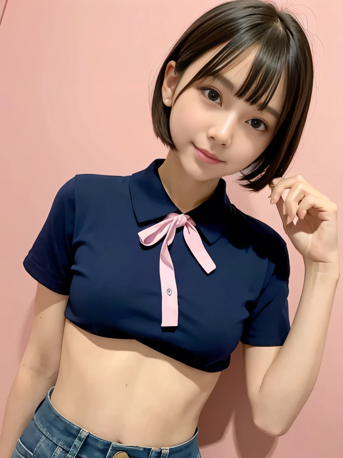 (highest quality、8k、32k、masterpiece、Hmph:1.2)、Pink wall、sexy、17 years old、Cute Japanese Women Photos、Bobcut、thin、slender、(Bobcut)、(Small Tits)、double eyelid、 Red open front shirt、Navy blue tie、Red mini skirt、Thighs、Blue Wall、whole body、smile、sexy、Thighs are visible