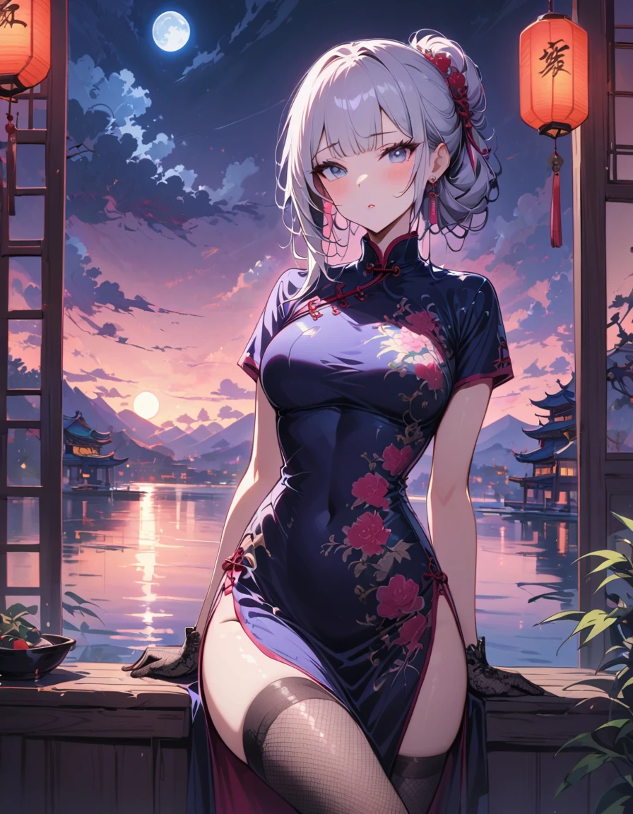 masterpiece, highres, the best, night, full moon, 1 adult woman, solo, Chinese Architecture, cheongsam, China costume, Royal sister, blushing, woman with long silver hair, light pink lips, fishnet stockings, calm, intellectuals, Three bangs, lace gloves, grey eyes, lake view, facial details, ((sfw)), 
