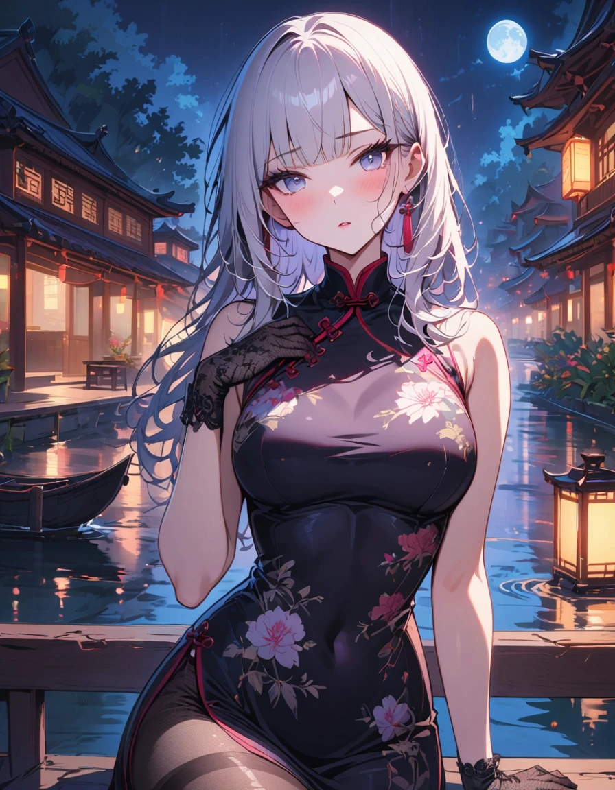 masterpiece, highres, the best, night, full moon, 1 adult woman, solo, Chinese Architecture, cheongsam, China costume, Royal sister, blushing, woman with long silver hair, light pink lips, fishnet stockings, calm, intellectuals, Three bangs, lace gloves, grey eyes, lake view, facial details, ((sfw)),