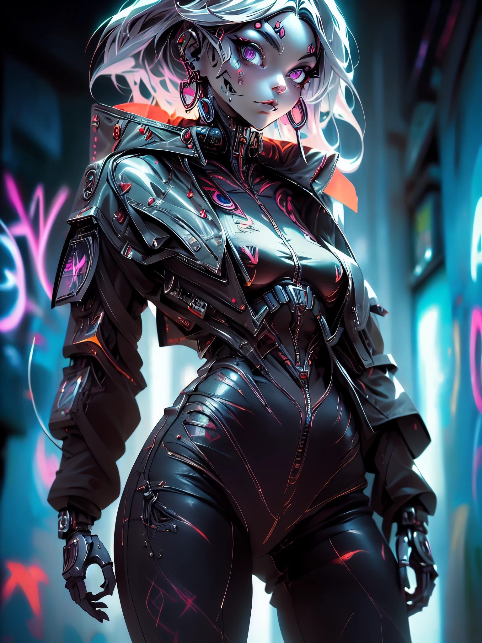 Hint for this topic: (One cyborg girl, Harajuku jacket, tight-fitting overalls, cyberpunk ((combat armor)), (graffiti: 1.5), standing in cyberpunk street, dynamic pose, looking at the viewer, armband, head tilt, black hair, sea green eyes). “black, death scythe, hellish horror, view, torn clothes, looking down, illustrations, high resolution, ultra detail, dark fantasy, sharp focus, vibrant colors, dramatic lighting, bokeh.” ". female robot pilot, mechanical creature, electronic wires transmit computer nerves, girl's face, dystopian surrealism, Alex Rice Zdzisaw Beksinski Giger, very intricate details, Chinese woman demon, deep glowing eyes contain galaxies, head contains nebula, deep aesthetics, concept art, carved silver circuits, diodes, resistors, semiconductors, ornate.