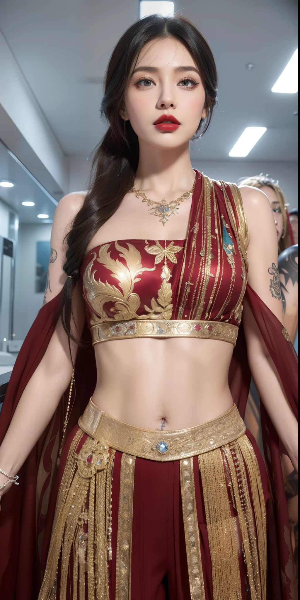 Royal princess，Super detailed, Delicate face, Stock Photography , Portrait 400, F1 Camera Lens.6, rich and colorful, Surreal, Realistic textures, Dramatic Lighting, Thin Film Distiller 800 (8k, original photo, better quality, masterpiece: 1.2), Super detailed, (Extremely delicate skin: 1.2), 8k ultra high definition, SLR camera, Soft Light, high quality.Fire Queen，Blue pupils，Apply red lipstick，Have a tattoo，The tattoo is very three-dimensional，Gorgeous and intricate tattoo designs，8k Mugshot，Large Breasts，Dark eyeshadow，Sexy thick lips(Red lipstick)，Silk jumpsuit，Large breasts，身上Have a tattoo图案，Gorgeous clothing，Diamonds on belly button，Eight-pack abs