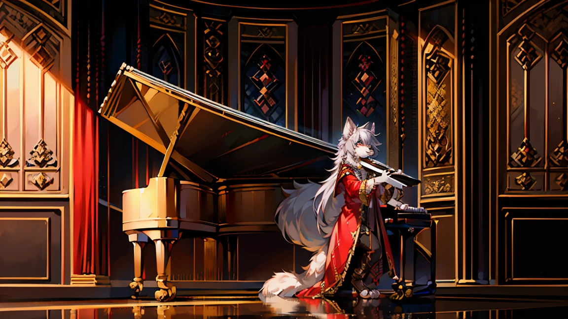 highest quality, Highest Resolution, masterpiece, Very detailed, Young shaggy dog neutral Dog muzzle Dog Ears Fluffy long hair Fluffy tail delicate beautiful Gray Hair steampunk Red long coat sword masterpiece Ultra-high resolution Brown 3/4 length pants Light-colored eyes (((play piano)))