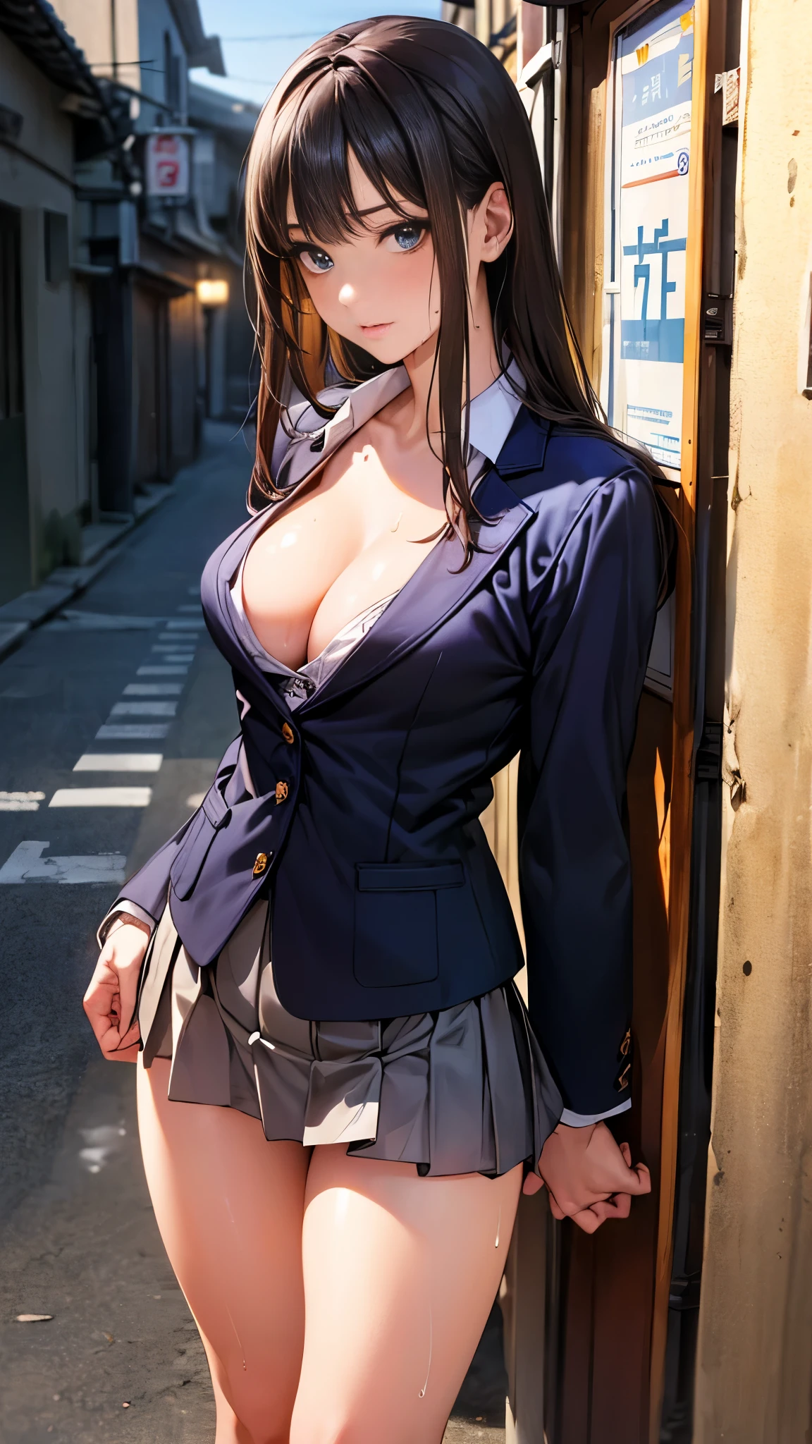 ((perfect anatomy:1.2,realistic:1.3,RAW Photography:1.3,masterpiece、highest quality、Ultra - High resolution、High resolution、Highly detailed CG、8K)),cowboy shot,

1 female,solo,18-year-old、High school girl beautiful girl,Japanese,((beautiful detailed face and eyes:1.2,big gorgeous eyes:1.3,)),slender body,small head:1.3,skinny, 

(Clear skin、oily skin,gleaming skin,shiny skin,sweat:1.2),(school uniform、Dark blue blazer jacket、pleats mini skirt),standing,dirty back alley、at night、Tokyo、(((Big Breasts、Big cleavage)))、sexy、((steam,sweat,Vulgarity))