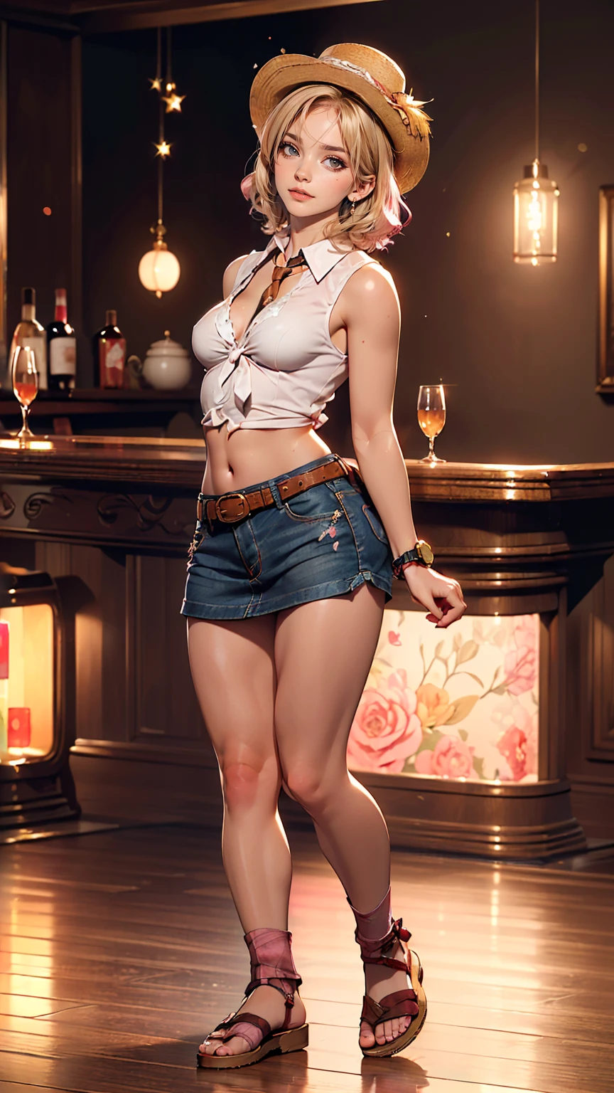 (((1 person:2.0))),(((Cowgirl Costume))),(((Slender body 1.5))),(((Small Ass))),(((Denim mini skirt))),(((Wear a western hat))),(((Wear one belt))),(((He is wearing a sleeveless collared shirt, Plaid, front tie shirt.))),(((wearing a watch))),(((Sandals))),(((Showing cleavage))),(((Showing your belly button))),(((Exposing thighs))),(((Small breasts:1.5))),(((Bare arms))),(((Her hair is blonde))),, Beautiful detailed girl, Very detailed目と顔, 緻密でBeautiful Eyes, Very detailed, High resolution, highest quality, masterpiece, Very detailed, 8k wallpaper, wonderful, finely, highest quality, The light shines on your face,(Night Bar),Beautiful Eyes,(((Blushed face:1.4))),(((Full Body Shot:1.5)))