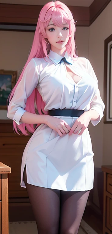 ((Top Quality、16K、masterpiece:1.3))、a tall and beautiful woman、Perfect Figure:1.4、(dream aesthetic) Slim Abs, young natural girl (beautiful) solo, long voluminous pale-pink hair 、messy hairstyle (with hair bangs), turquoise-blue eyes, pale-white skin (highlighted, realistic shading), No postural movement、Stand up straight、Huge bust、Highly detailed facial and skin texture、(A detailed eye, Symmetry Eyes, Clear realistic eyes, Double eyelidd、Cold-stricken face、Symmetrical face), very realistic skin, goth makeup, Royal sisters full of fans、The Telegraph Esbian、peach buttocks, white shirt, black skirt, black tights, cleavage, squart、(Raw foto:1.2)、((Photorealcitic:1.4))Top Quality、masterpiece、Real Photography、very delicate and beautiful.、super detailed CG、Unity、8K photo wallpaper、delicate detail、best qualtiy、Highly detailed CG unity 8k wallpaper、absurderes、Incredibly Absurd、huge file size、extremely highly detailed、Hight Resolution、ighly Details、Beautiful detail girl、extremely detailed eyes and face、beautiful delicate eyes、Facial light、cinematic lightings、(Proportional hips, thick thighs, beautiful legs, realistic pantyhose) 1girll、see -through, inside house、ulzzang-6500、The Telegraph Esbian, different poses at different angles,