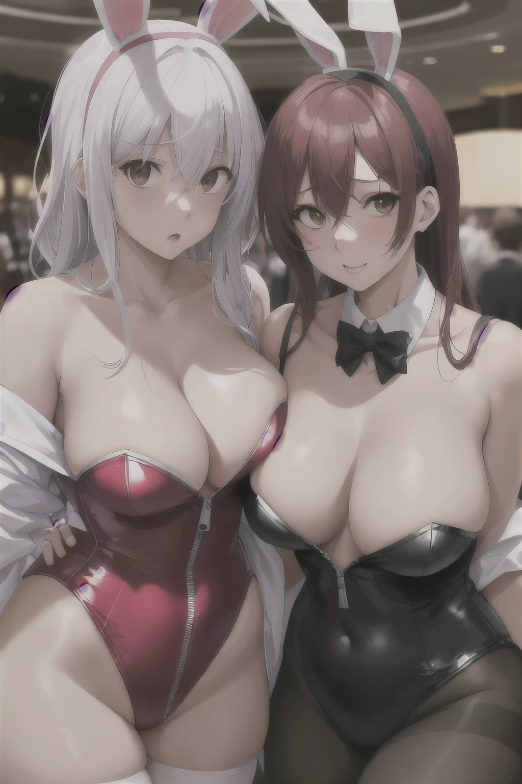 2women, 35 age old, Badly torn bunnysuit ,bunnygirls wolking and trying to undress, disheveled uniform, off-shoulder, in casino, bare navel, , bare shoulders, unzipped, full breasts, {{large breasts}}, humiliated, shameful, surprised, embarrassed, glad, portrate