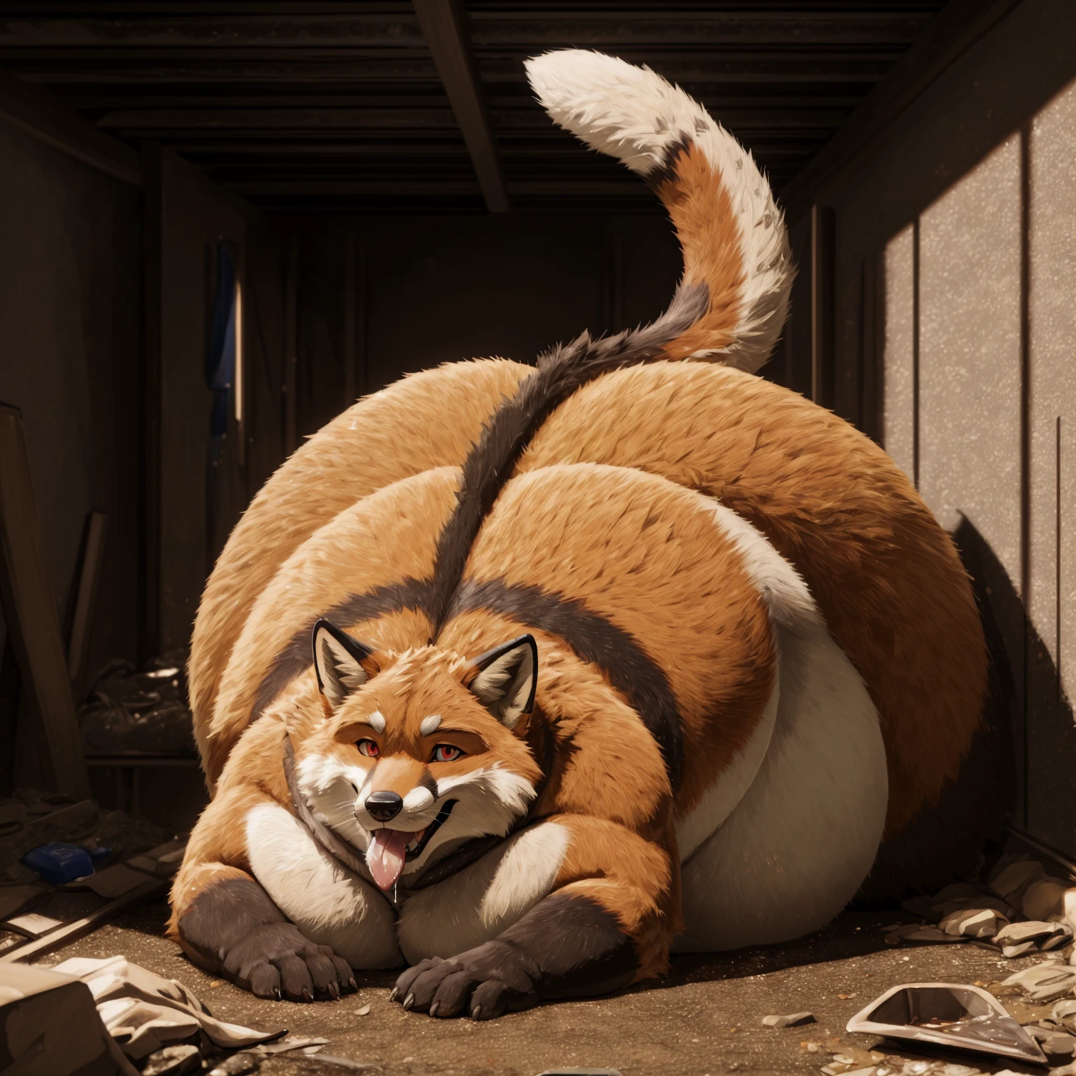 A very obese male red fox、All fours pose、Knee on the ground pose、Very short legs、Wet tongue、The face of a barking red fox、Anime-style emerald eyes、A body covered with a lot of fat、Abnormally obese head、A lot of fat on the neck、A belly so obese it covers the ground、Fat gap、Abdomen swollen enough to touch the ground、A huge, mountain-like swollen abdomen、Abnormally fat arms、Overweight and flabby legs、A body that seems to be crushed by a huge abdomen、A body that fills the screen、In a very dirty room、Rubble background