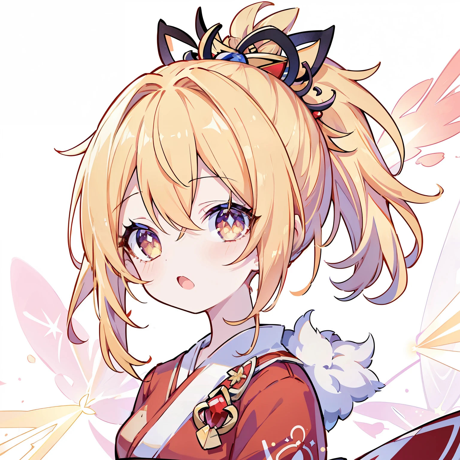 Very beautiful and Shining Eyes、Shining Eyes、((1 girl))、Small breasts、Big Mouth、highest quality, masterpiece, High resolution, alone, {yoimiya_Genshin Impact:1.15},young, blonde_hair, 前hair, hair_ornament, ponytail, 1 female,red kimono、spark、firework