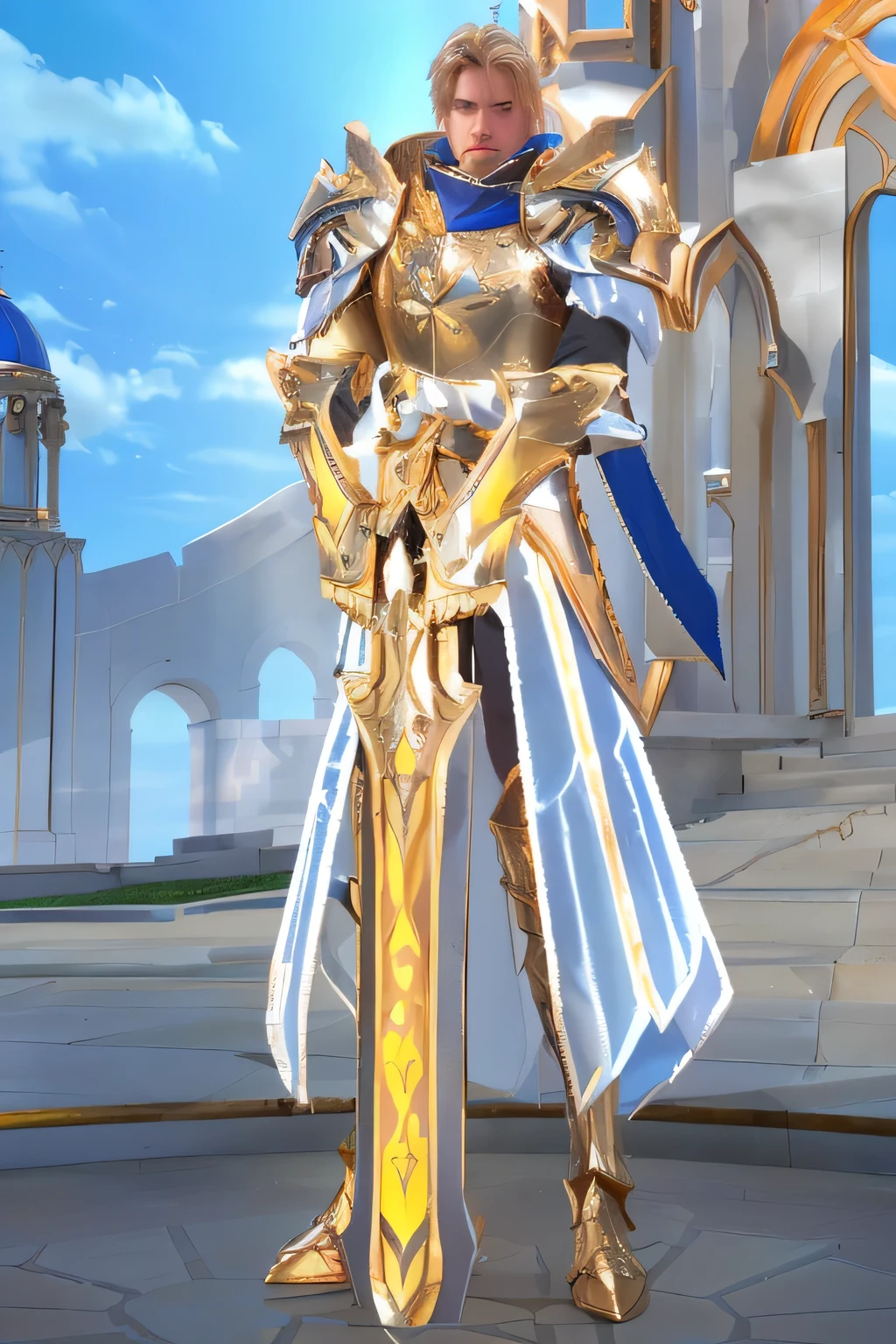 a close up of a person in a costume holding a sword, gold paladin, epic paladin armor, paladin golden armor, sliver ice color reflected armor, angelic golden armor, paladin armor, light gold armor, male paladin, heavy white and golden armor, golden and copper shining armor, the golden cat armor knight, holy paladin