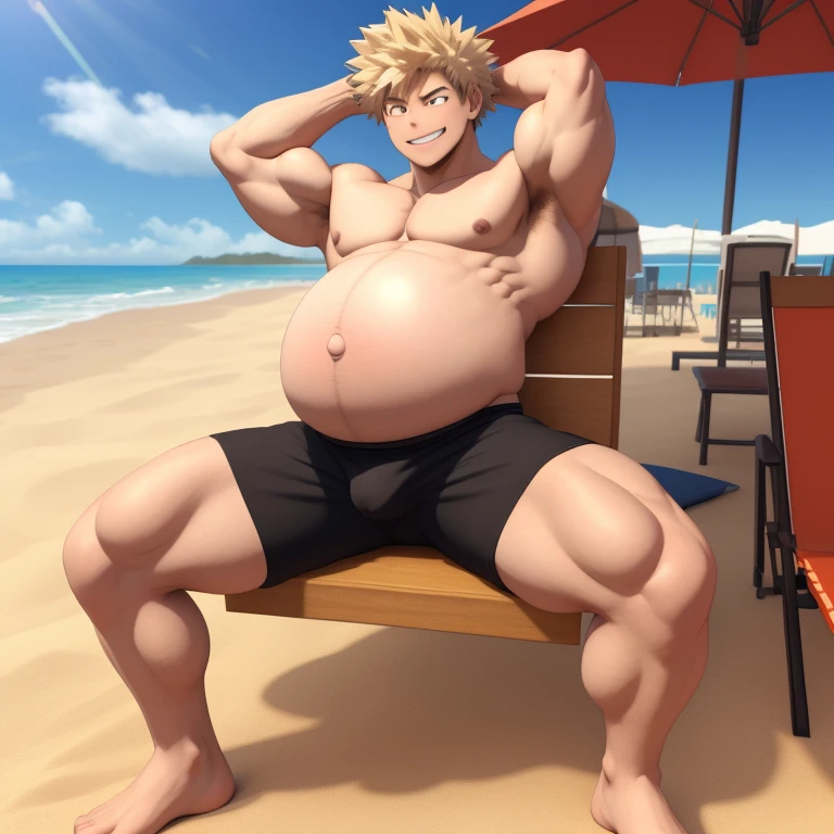 masterpiece, 3d, Bakugo Katsuki, muscled, chilling at the beach, no shirt, big pregnant, belly, hands on back of head, only wearing a black underwear with a orange line on the top, light smile