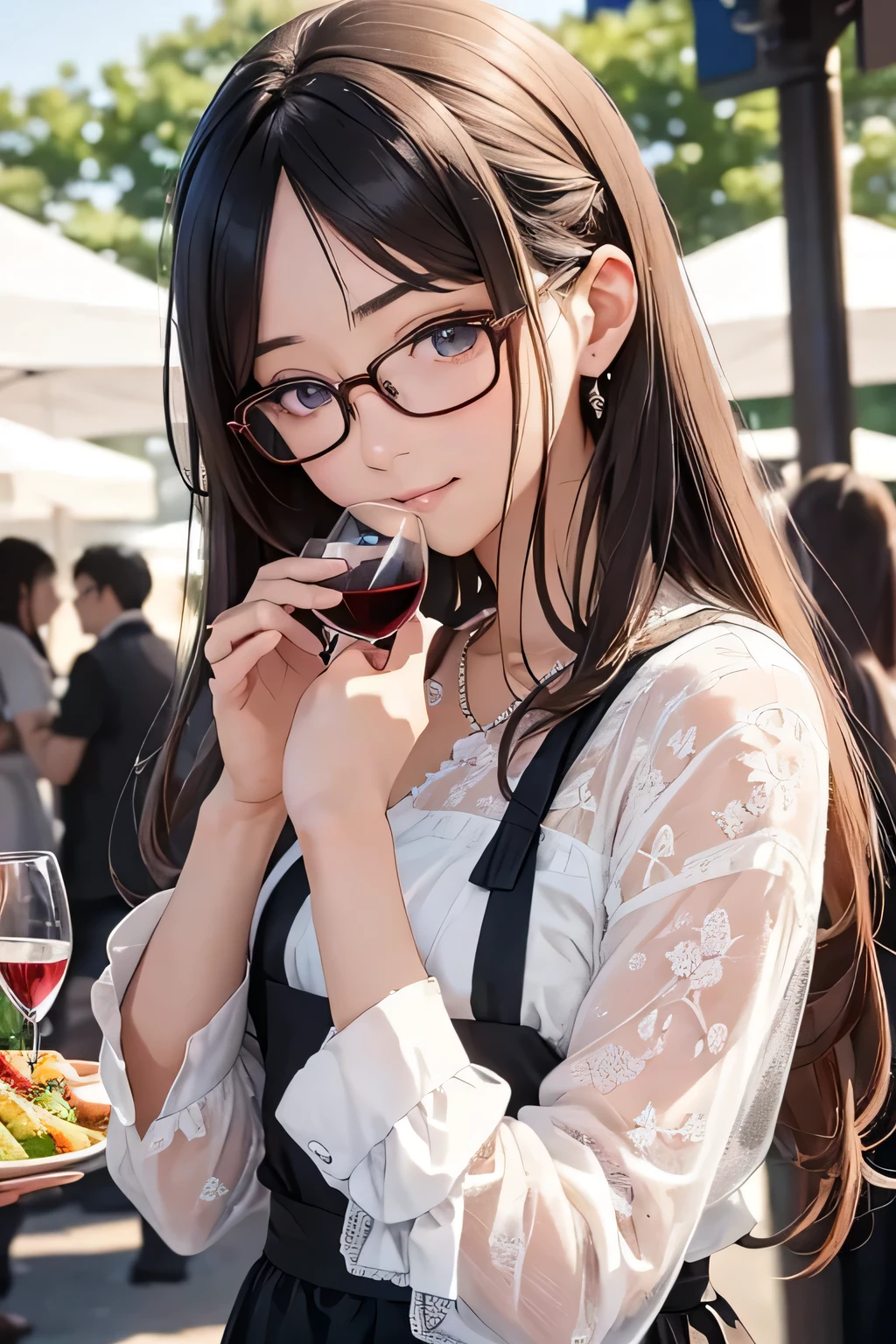 highest quality、High resolution、Detailed Background、(Beautiful face in every detail:1.4)、Anatomically correct、(Detailed facial expressions)、(Detailed eyes:1.2)、(Detailed eyes:1.2)、Beautiful girl in her 20s、(Highly detailed face:1.4)、Brightly colored hair、well-groomed eyebrows、Cute Eye Makeup、Cute Lip Makeup、Cute clothes with little exposure、Cute Glasses、Wine Festival、Feeling happy、Summer evening、A winery with a beautiful garden、Wine Festival、
Enjoy music and performances while sipping wine and delicious food、
Visit the colorful tents and booths々I enjoy a wide variety of wines.、
people々I am enjoying a wine tasting with a glass in my hand and am impressed by the taste of the wine in my mouth.、Around the venue, there are food trucks and restaurant booths where chefs serve delicious dishes.、To enjoy the pairing with wine々Hasama々I try new dishes and share them with my friends and family.