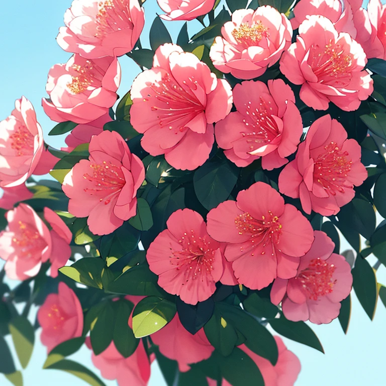 beautiful Azalea flowers, mix colour of soft pink, white and red tone, macro lens camera, zoom and close up, green bushes, clear blue sky background, The image should be a concept art, raw, analog, 8K HDR, ultra realistic with unique natural textures, slight imperfections, ultra high quality, intricate details, ray tracing, maya render