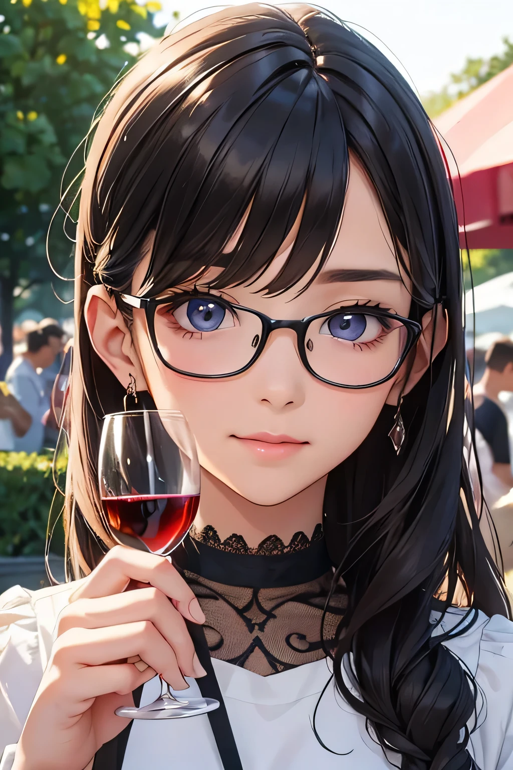 highest quality、High resolution、Detailed Background、(Beautiful face in every detail:1.4)、Anatomically correct、(Detailed facial expressions)、(Detailed eyes:1.2)、(Detailed eyes:1.2)、Beautiful girl in her 20s、(Highly detailed face:1.4)、Brightly colored hair、well-groomed eyebrows、Cute Eye Makeup、Cute Lip Makeup、Cute clothes with little exposure、Cute Glasses、Wine Festival、Feeling happy、Summer evening、A winery with a beautiful garden、Wine Festival、

Enjoy music and performances while sipping wine and delicious food、

Visit the colorful tents and booths々I enjoy a wide variety of wines.、
people々I am enjoying a wine tasting with a glass in my hand and am impressed by the taste of the wine in my mouth.、Around the venue, there are food trucks and restaurant booths where chefs serve delicious dishes.、To enjoy the pairing with wine々Hasama々I try new dishes and share them with my friends and family.