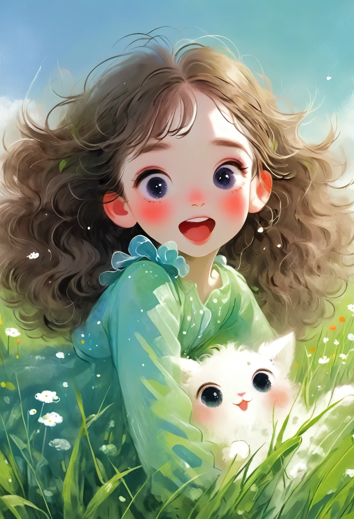 (masterpiece, best quality:1.2), 1 girl, solitary, big eyes,Fluffy hair, happiness,Happy,grassland,rough texture,Hand-drawn style,