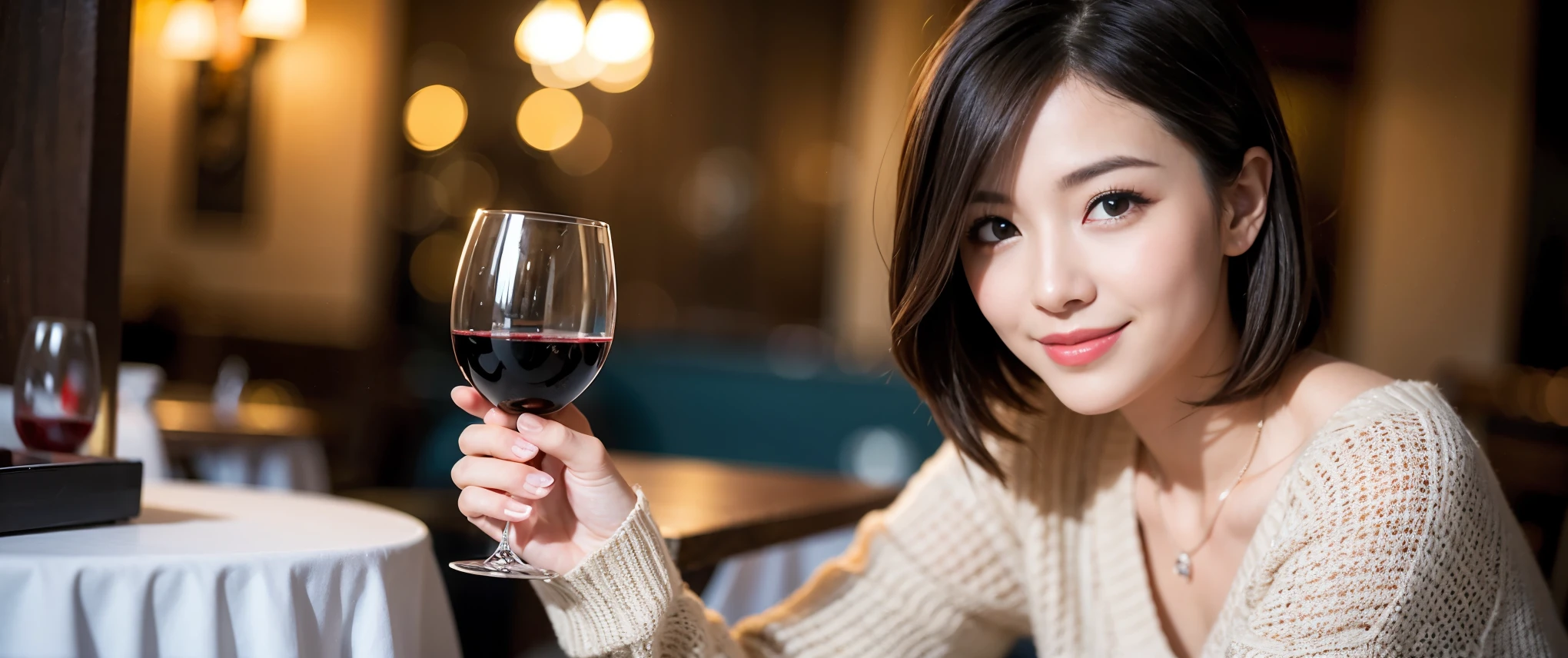 ((highest quality、8k、masterpiece:1.3))、Sharp focus:1.2、Beautiful woman perfect body:1.4、slimなボディ、((Bob Hale、Straight hair:1.2))、(to be born, highest quality, masterpiece:1.5), (Realistic, Intricate details:1.2), Ultra-high resolution, Shine light on your face、Amazing view of the sunset sky and clouds、Amazing mountain views、ニコニコ明るいsmile、wine glass、red wine 、Appetizers、Italian food、Wine bottle、Champagne、sparkling wine、, Beautiful Face, blue eyes, The light shines on your face, Blushing, short hair,Bright Face、Fox face、 (36 years old), 39 years old, Lady、Two beauties、Brown Hair、Shortcuts、Long sleeve shirt、dress、Pretty Woman 1, (slimな顔), (The body is slim), (Brown Hair), (Shortcuts), cheeks turn a little red,Attractive beauty、, Out of the window, A beautiful and detailed night view unfolds.........., restaurant, In a prominent place (From the waist up) Nova Frog Style, actress, model, Upper Body, White wine, slim, wine glass, 真ん中に置かれたwine glass, smile, (smile: 1.15), Beautiful fine grain, Depth f/2,saturation, High Contrast, Strong light and shadow,Moist Body:1.5、3D texture、Delicate eyes、Brown Hair、The hair is very shiny、