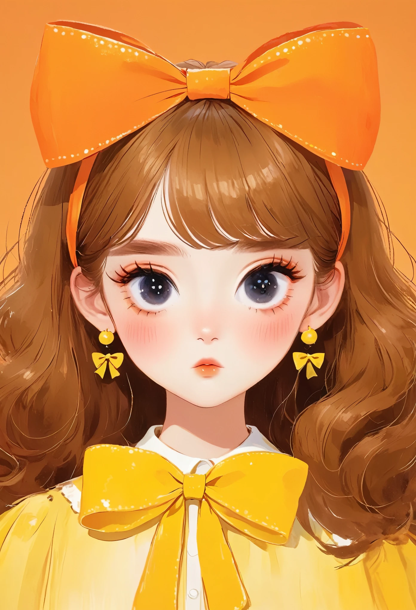 rough texture,Hand-drawn style:1 Girl,Bangs,blunt Bangs,bow,Gradient background,hair bow,Orange background,Solitary,Yellow background,yellow bow