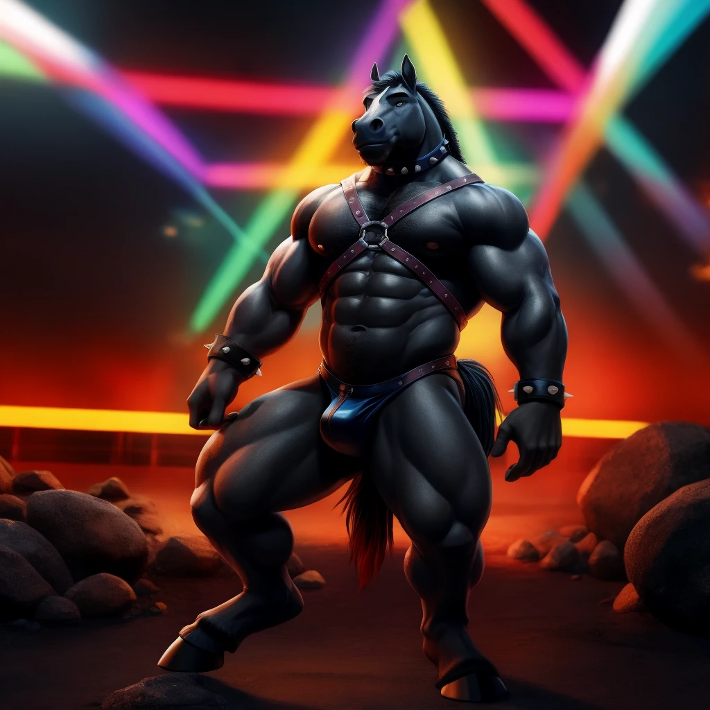Furry, Antro, [Horse color Marron oscuro , Horse Tail,  [Bulto Male Big], black leather harness, Arnes de Cuero negro, slip Black cuero, Slip Negro, Correas de cuero negro, cuero negro, Unifome Arnes, Solo, (De Pie), [Bulto Male Big], Big Balls, Hooves , Detallado 4k, [(Cuerpo completo]), (Pose De Pie), Cuerpo Completo, cuerpo furry Marron claro, fondo de Discoteca con Luces de Neon Multicolor , pupil Eyes blue, Alta resolucion, iluminacion multicolor, hermoso, Bulto Male Balls, collar correa con pinchos, Arnes megro, spiked wristbands, nude Torso, Torso expuesto Peludo Marron
