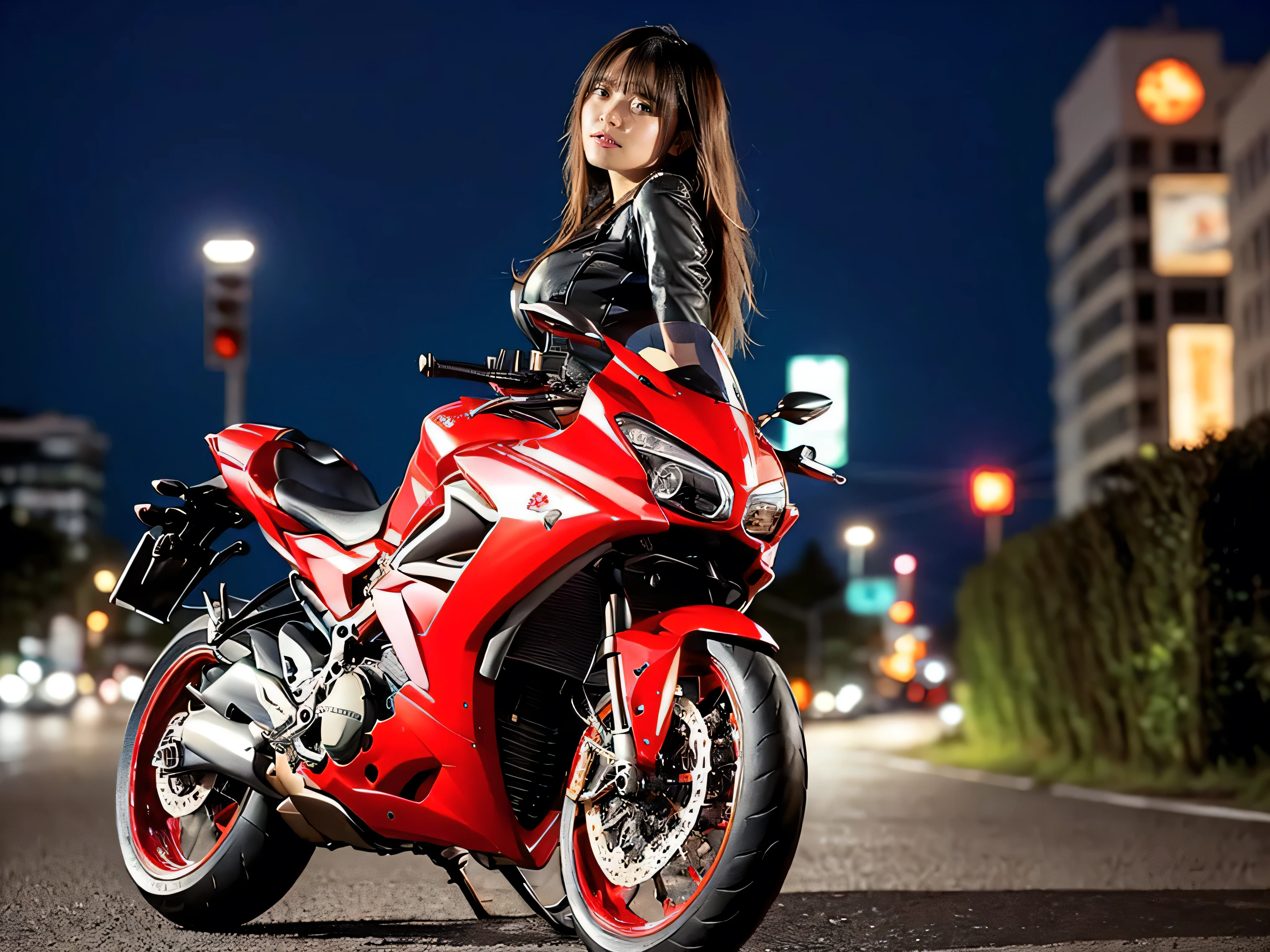 (RAW quality:1.4), masterpiece, highest quality, High resolution, dark_Fantasy, cyber punk, (Sword Weapons,red:1.1),1 person, Japanese women, 14 years old, mechanical,Robotic presence,Cybernetic Guardian, darkness, Night city background, at night, cyber punk mecha humanoid black and red is riding a futuristic Ducati Panigale V4 race motorcycle on a mountain road at night, Realistic Style, Inspired by Blade Runner, Dark and dramatic lighting, Red and Black Theme, Central curve composition, Rear view. (An ultra-fine masterpiece:1.5), (beautifuly intricate:1.5), (highest quality:1.5), (beautiful + beautiful + Harmonious:1.5), (Highly detailed face, Ultra-detailed eyes, Highly detailed mouth, Super-detailed body, Very fine needles, Very elaborate clothing, Ultra-detailed landscapes:1.5), (Sharpen details:1.2), Blurred Background, Shallow subject depth,