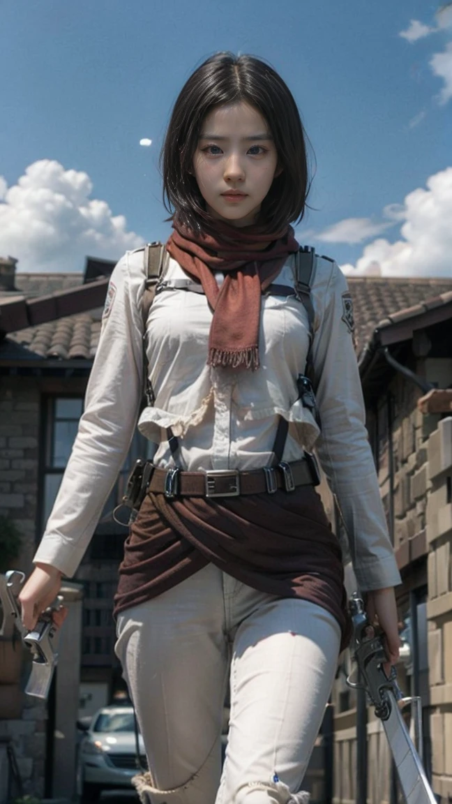 Mikasa, Masterpiece, Best quality, A high resolution, Short hair, Black eyes, Scarf, emblem, belt, thigh band, Red scarf, White pants, Brown jacket, Long sleeves, holding weapon, sword, dual wielding, Three-dimensional motorized gears, Arms spread wide, standing on one leg, Wide shot, sky, Highest quality, high resolution.