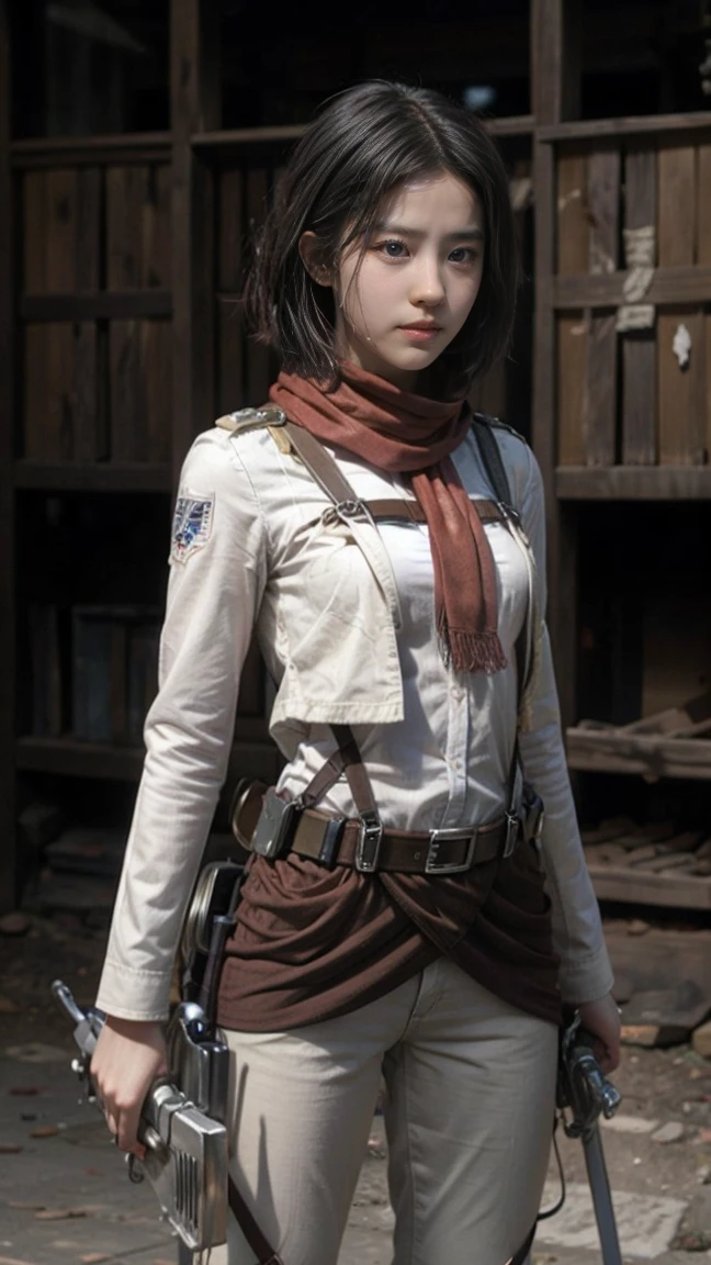 Mikasa, Masterpiece, Best quality, A high resolution, Short hair, Black eyes, Scarf, emblem, belt, thigh band, Red scarf, White pants, Brown jacket, Long sleeves, holding weapon, sword, dual wielding, Three-dimensional motorized gears, Arms spread wide, standing on one leg, Wide shot, sky, Highest quality, high resolution.