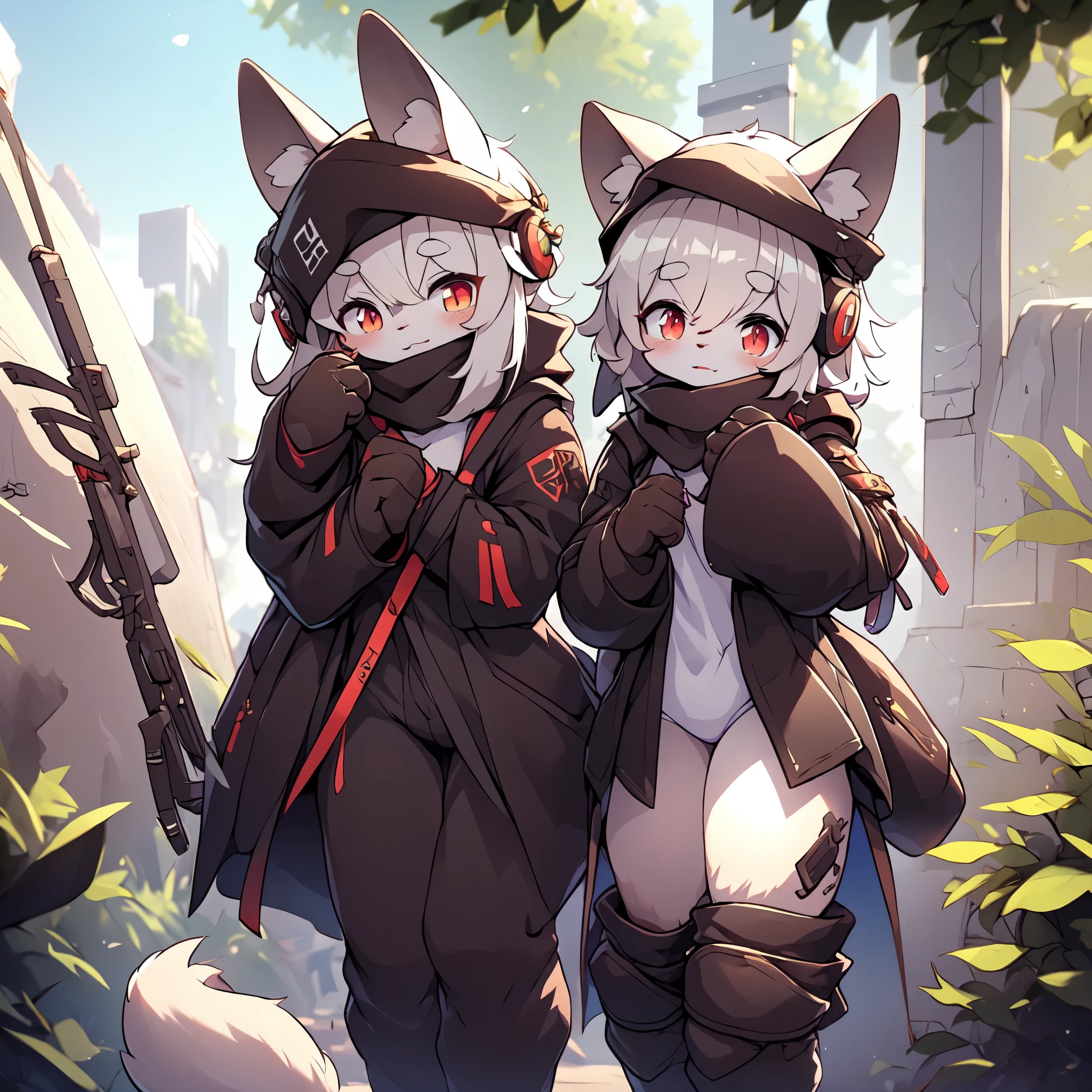 Kawaii, Striped Fluffy Fox, emaciated, long hair, 3girls, artificial synthetic skin, life support prosthetics, digital headphones, black tight latex bodysuit, white long dress, thigh-high-socks, shorts, loose off-the-shoulder hood open jacket, holsters in thigh, Mechanical boots, tactical knee pads, tactical belted loose Arm Sleeves, cybernetic Display gloves, chest rigs, tactical belts, blue archive halo, bulletproof goggles on forehead, from Ark nights, ray tracing, depth of field, bloom, masterpiece, ccurate, high details, highres