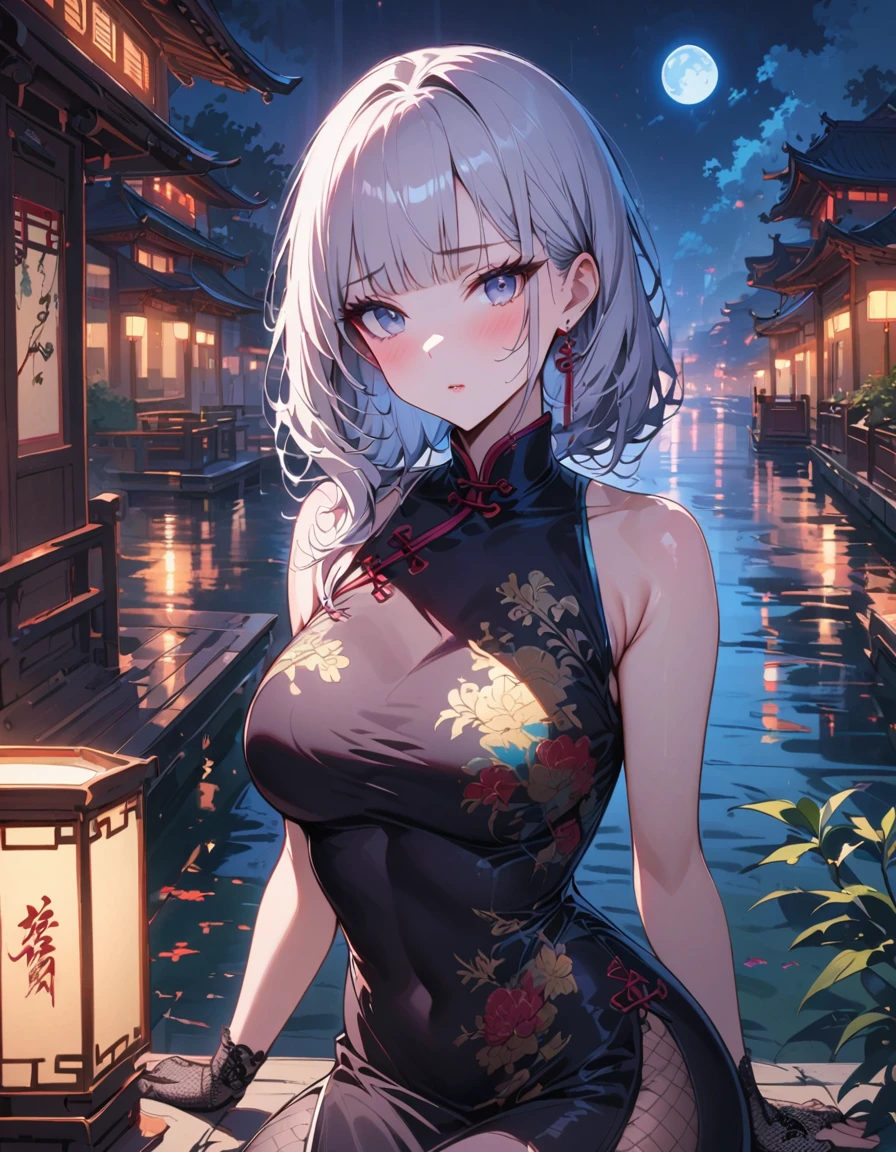 masterpiece, highres, the best, night, full moon, 1 adult woman, solo, Chinese Architecture, cheongsam, white China costume, Royal sister, blushing, woman with long silver hair, light pink lips, fishnet stockings, calm, intellectuals, Three bangs, lace gloves, grey eyes, lake view, facial details, ((sfw)),
