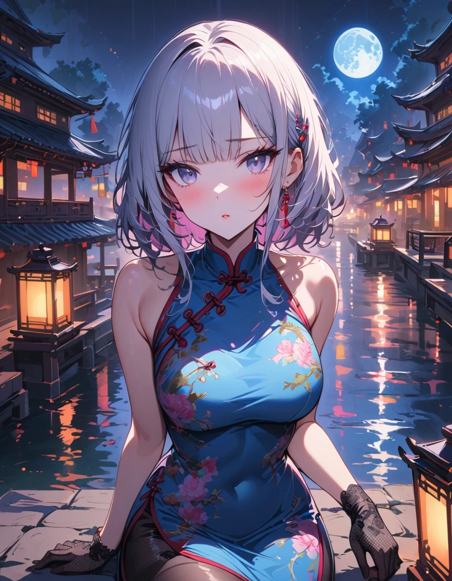 masterpiece, highres, the best, night, full moon, 1 adult woman, solo, Chinese Architecture, cheongsam, white China costume, Royal sister, blushing, woman with long silver hair, light pink lips, fishnet stockings, calm, intellectuals, Three bangs, lace gloves, grey eyes, lake view, facial details, ((sfw)),