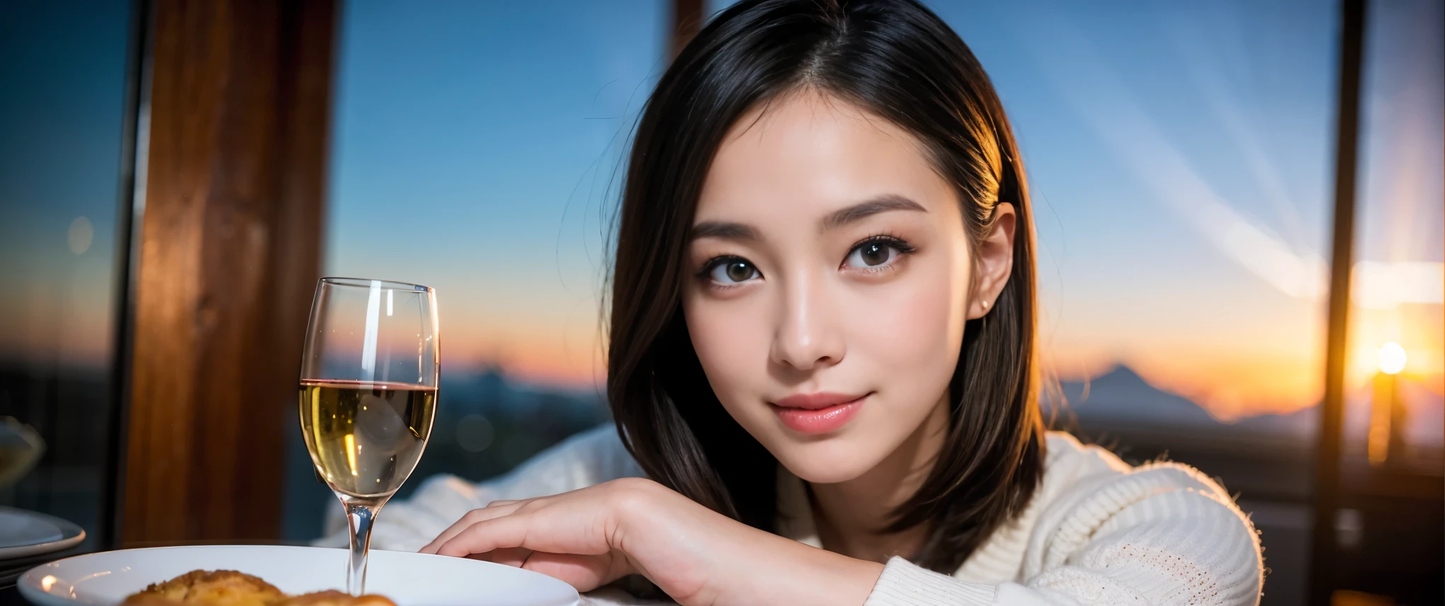 ((highest quality、8k、masterpiece:1.3))、Sharp focus:1.2、Beautiful woman perfect body:1.4、slimなボディ、((Bob Hale、Straight hair:1.2))、(to be born, highest quality, masterpiece:1.5), (Realistic, Intricate details:1.2), Ultra-high resolution, Shine light on your face、Amazing view of the sunset sky and clouds、Amazing mountain views、ニコニコ明るいsmile、wine glass、red wine 、Appetizers、Italian food、Wine bottle、Champagne、sparkling wine、, Beautiful Face, blue eyes, The light shines on your face, Blushing, short hair,Bright Face、Fox face、 (36 years old), 39 years old, Lady、Two beauties、Brown Hair、Shortcuts、Long sleeve shirt、dress、Pretty Woman 1, (slimな顔), (The body is slim), (Brown Hair), (Shortcuts), cheeks turn a little red,Attractive beauty、, Out of the window, A beautiful and detailed night view unfolds.........., restaurant, In a prominent place (From the waist up) Nova Frog Style, actress, model, Upper Body, White wine, slim, wine glass, 真ん中に置かれたwine glass, smile, (smile: 1.15), Beautiful fine grain, Depth f/2,saturation, High Contrast, Strong light and shadow,Moist Body:1.5、3D texture、Delicate eyes、Brown Hair、The hair is very shiny、